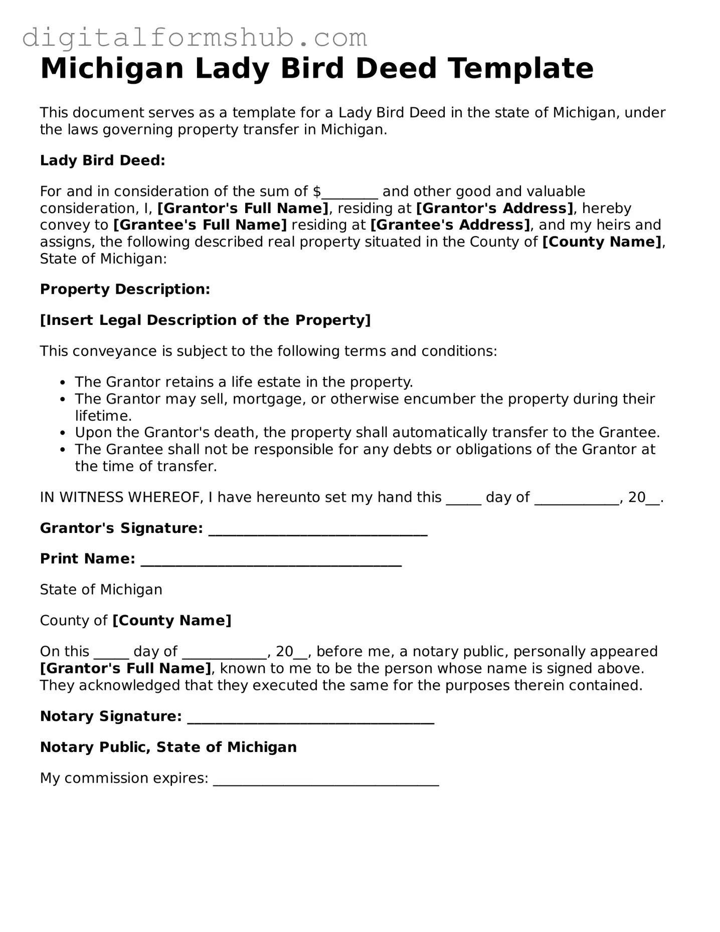 Official Lady Bird Deed Template for the State of Michigan
