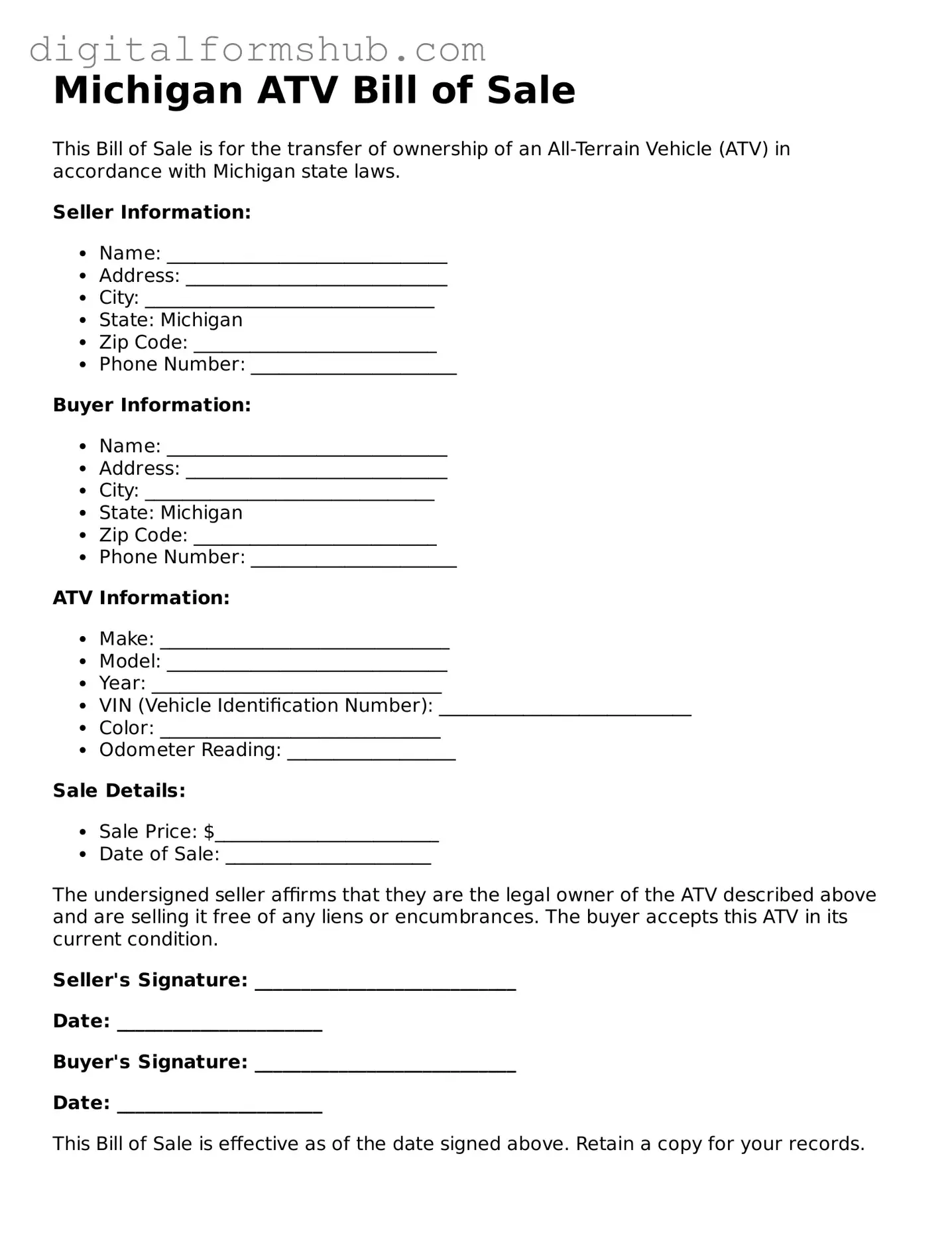 Official ATV Bill of Sale Template for the State of Michigan