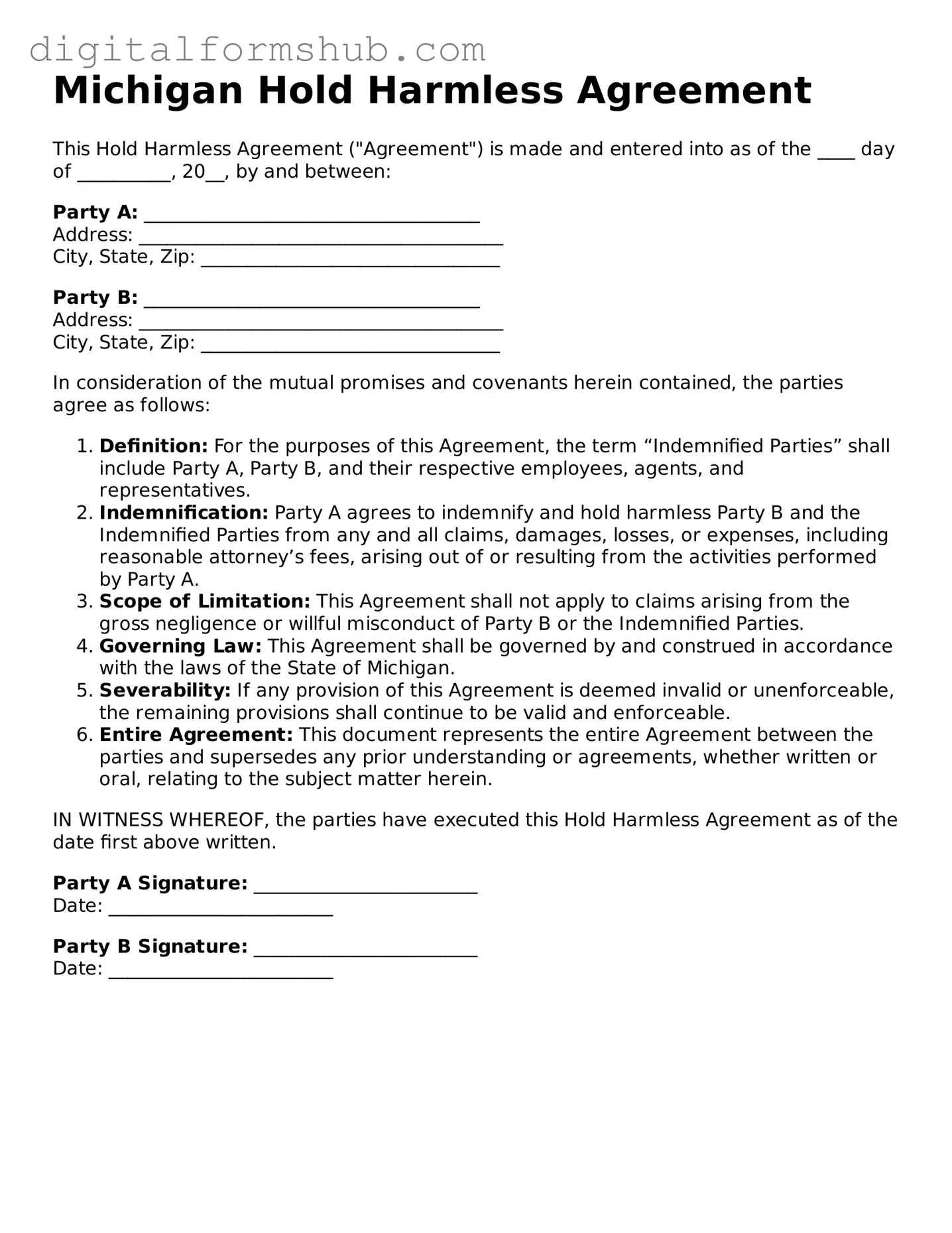 Official Hold Harmless Agreement Template for the State of Michigan