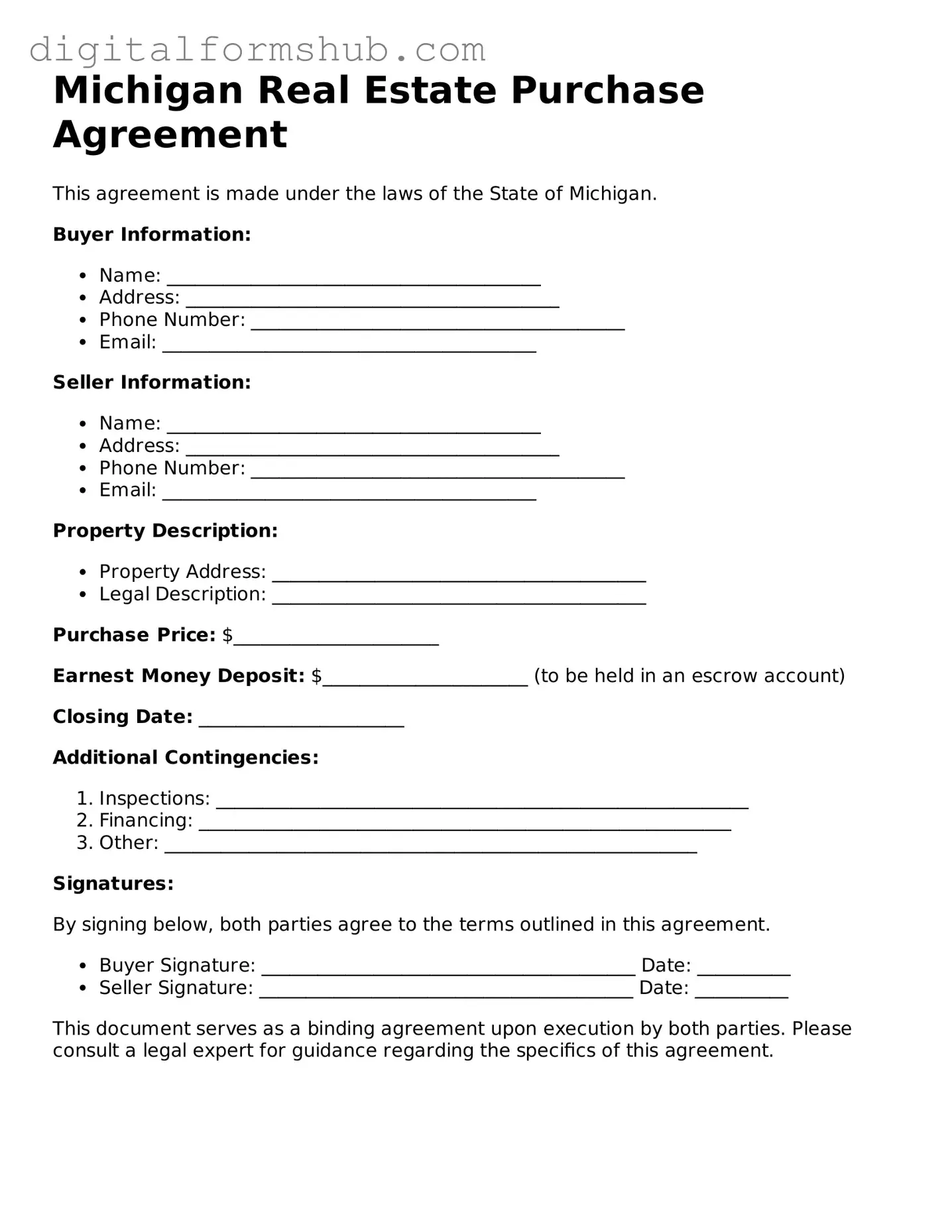 Official Real Estate Purchase Agreement Template for the State of Michigan