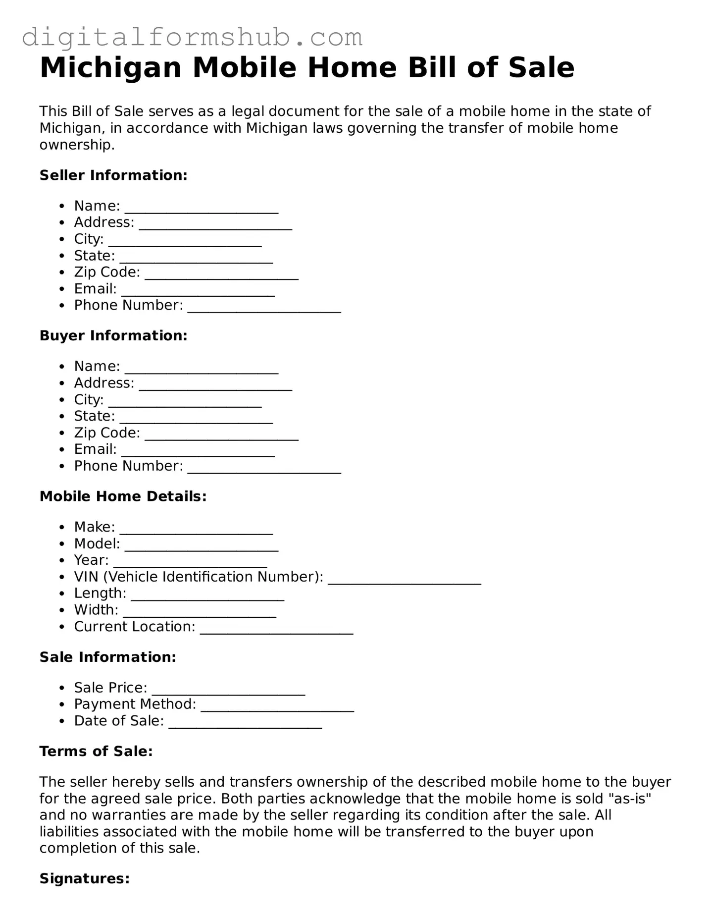 Official Mobile Home Bill of Sale Template for the State of Michigan