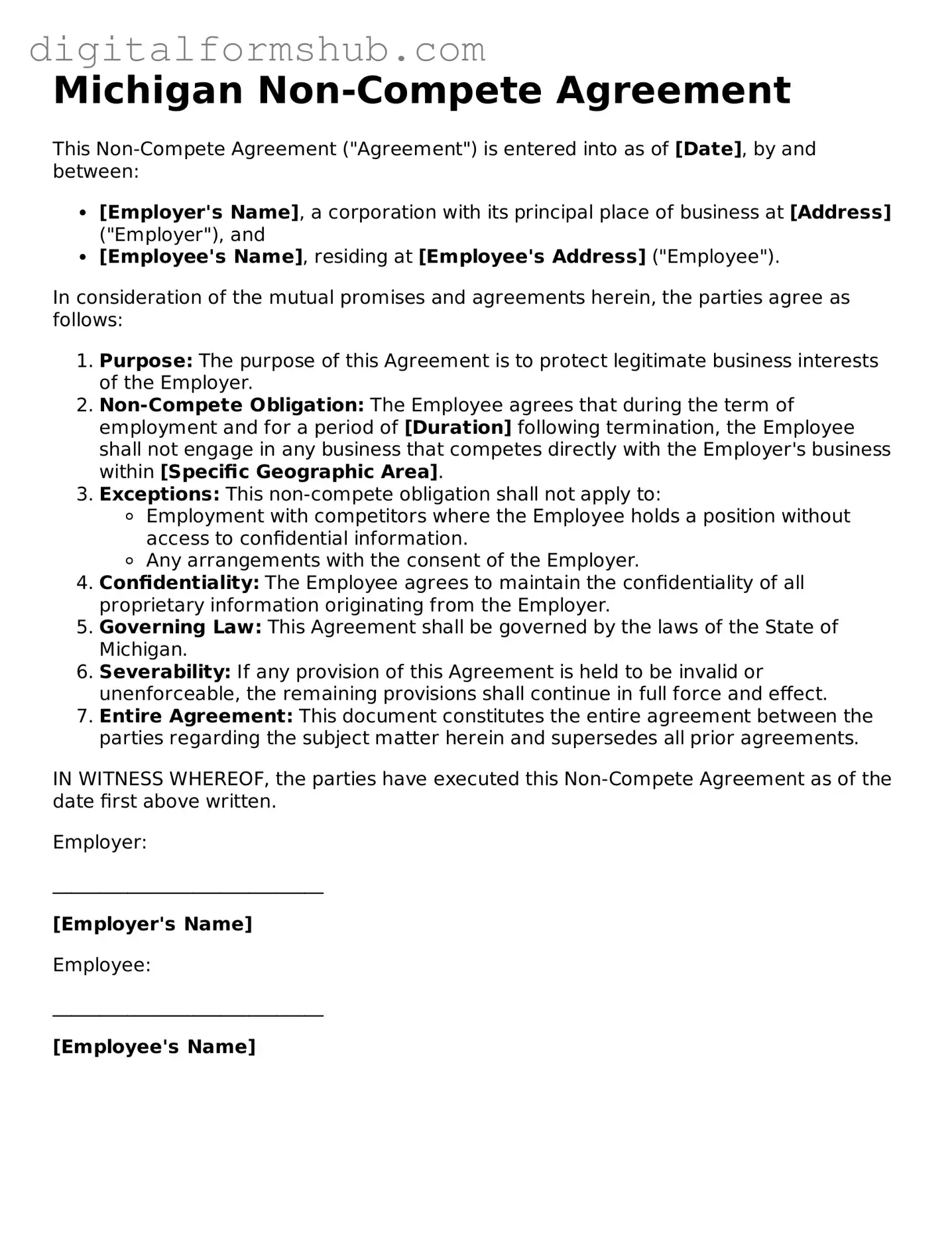 Official Non-compete Agreement Template for the State of Michigan