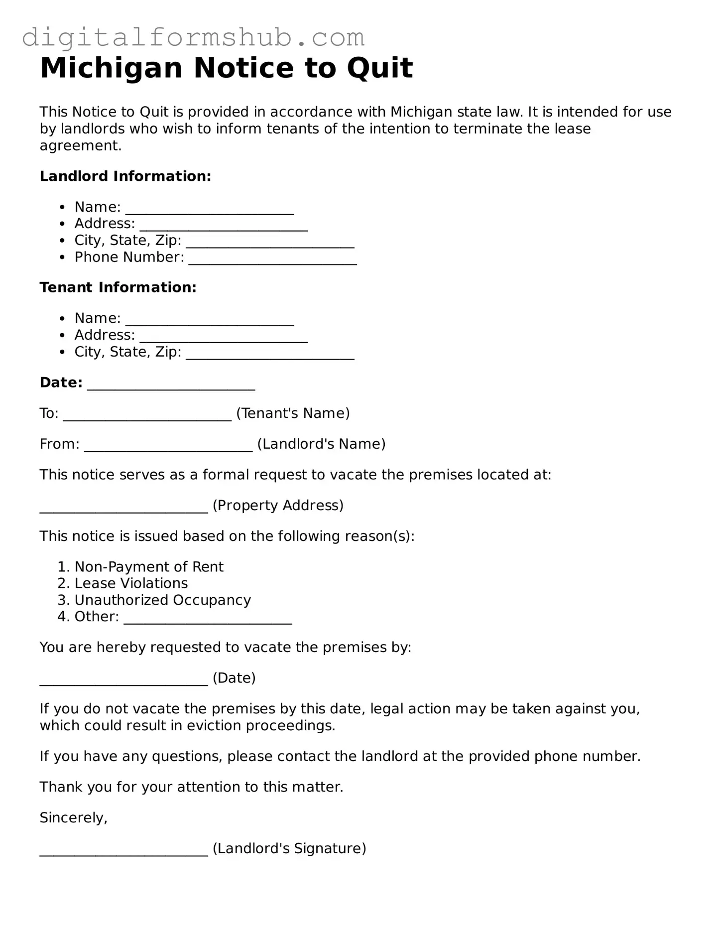 Official Notice to Quit Template for the State of Michigan