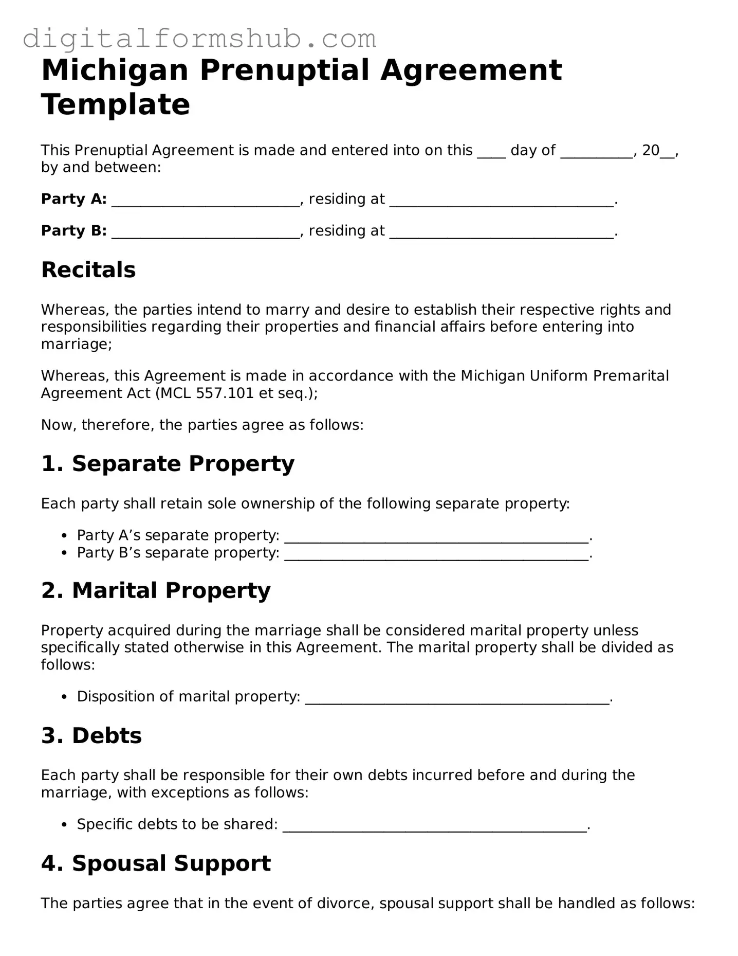 Official Prenuptial Agreement Template for the State of Michigan