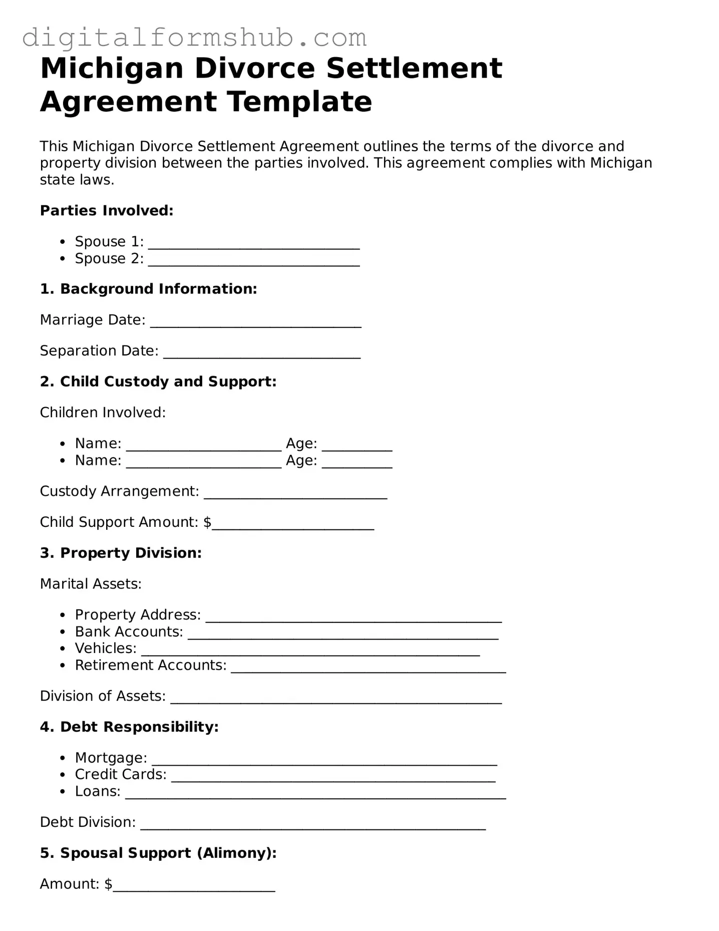 Official Divorce Settlement Agreement Template for the State of Michigan