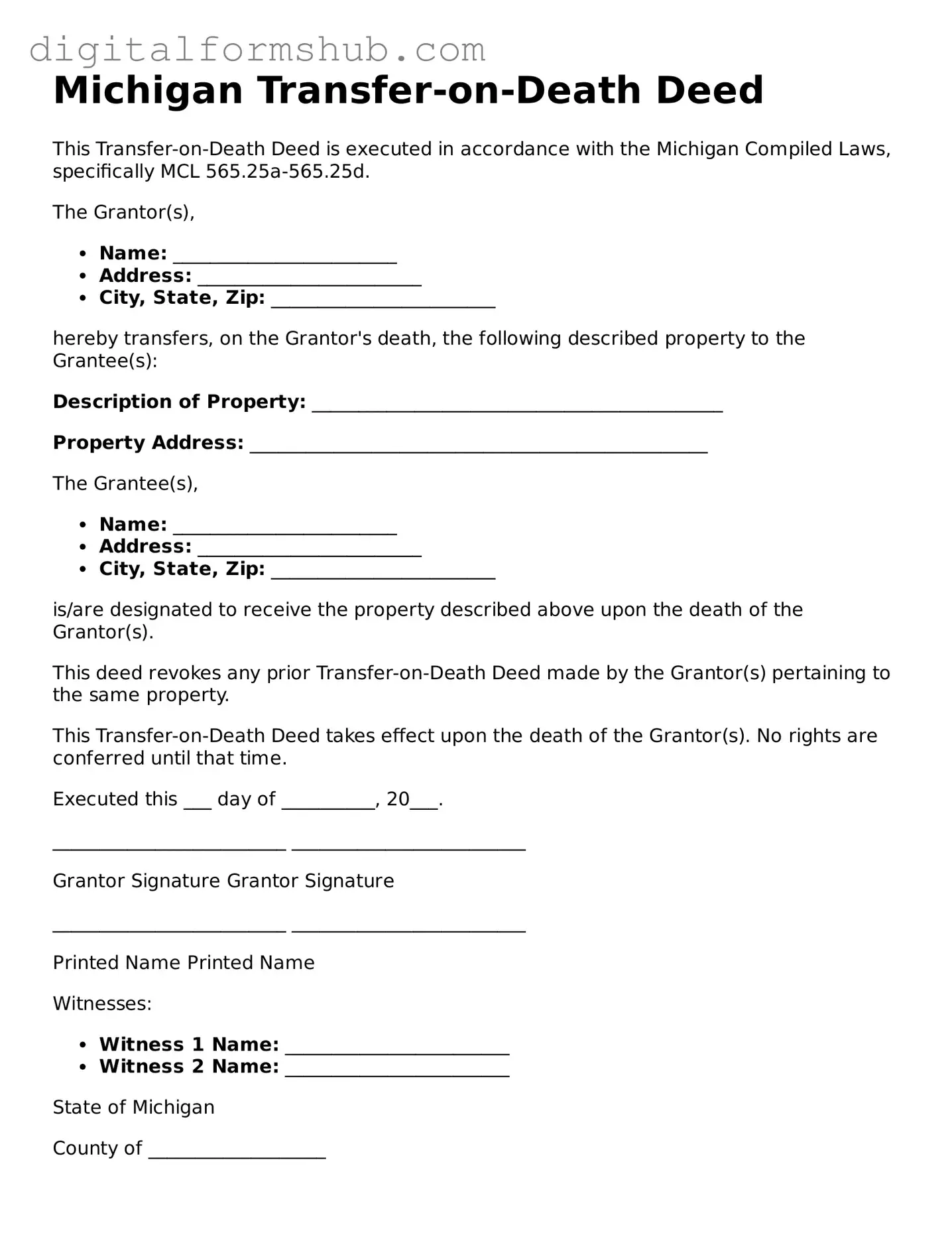 Official Transfer-on-Death Deed Template for the State of Michigan