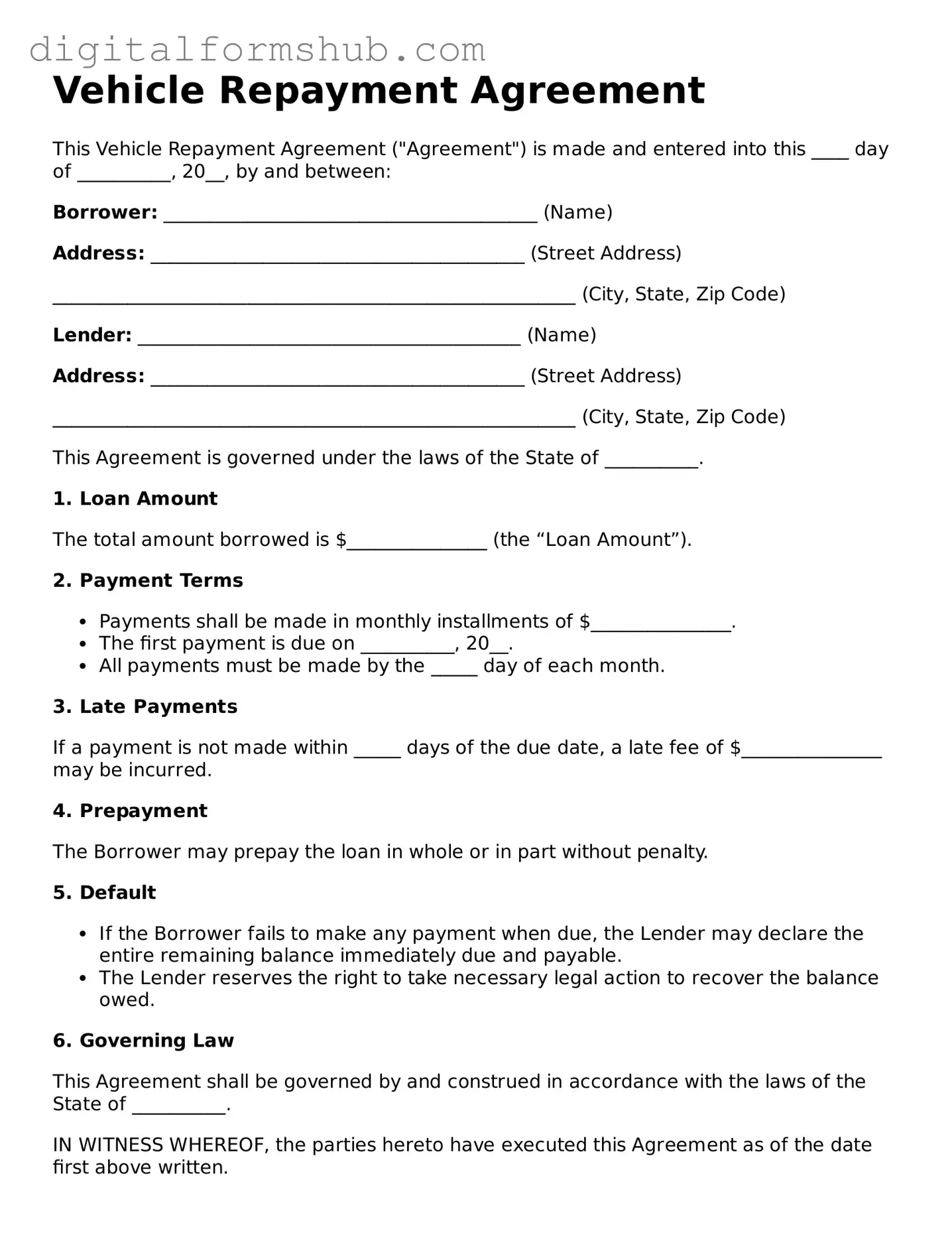 Valid Vehicle Repayment Agreement Document