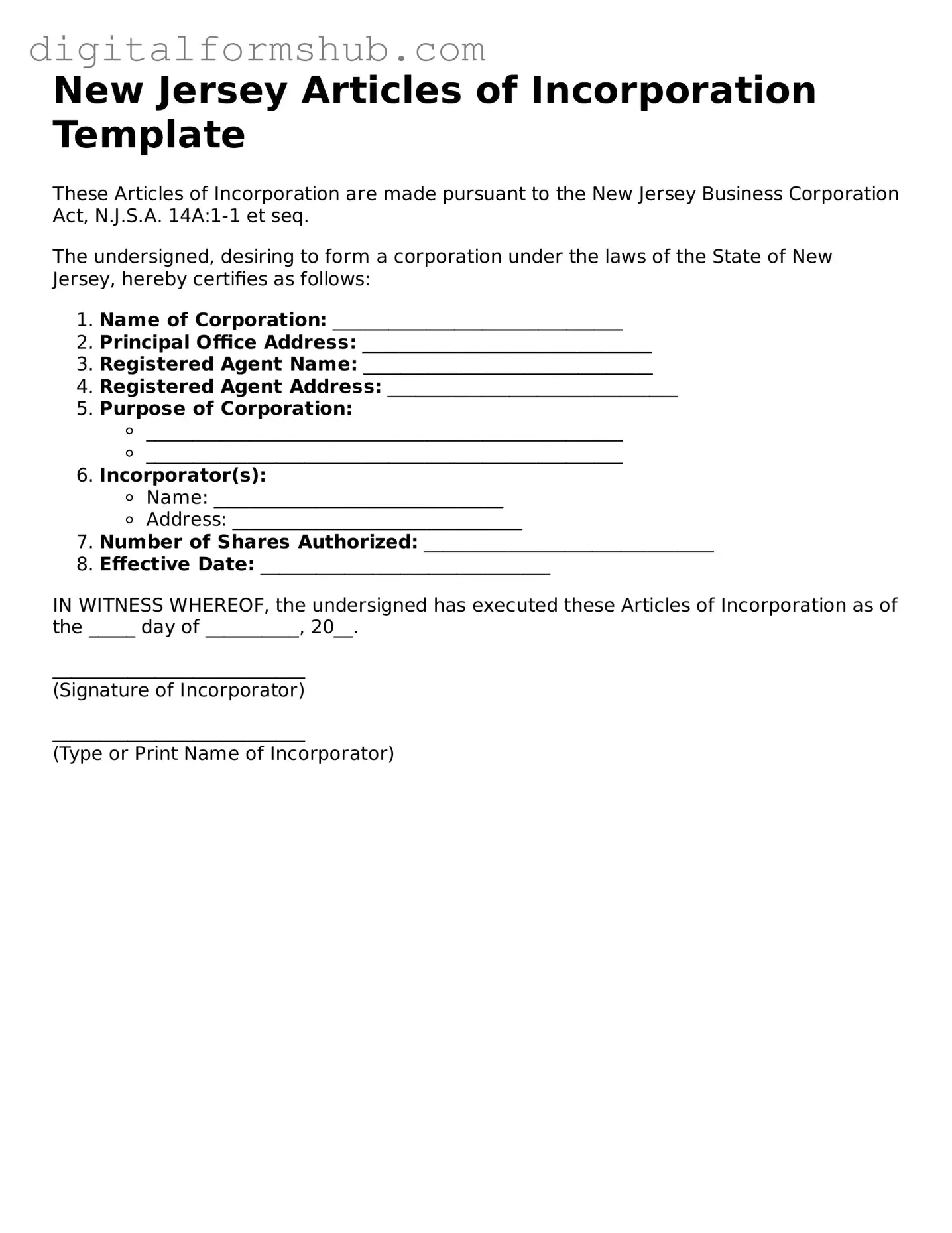Official Articles of Incorporation Template for the State of New Jersey