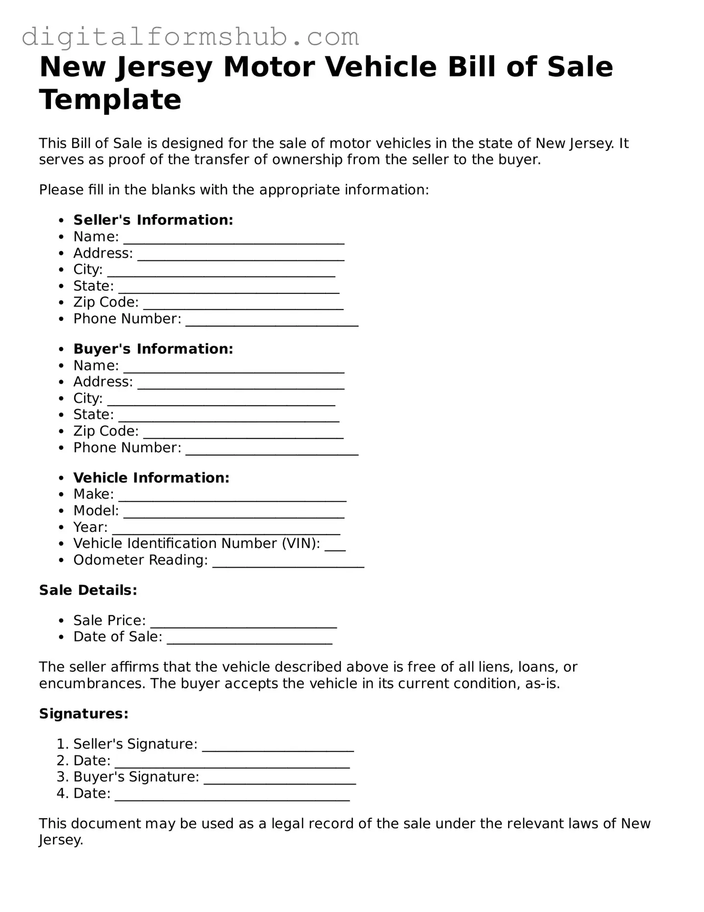 Official Motor Vehicle Bill of Sale Template for the State of New Jersey