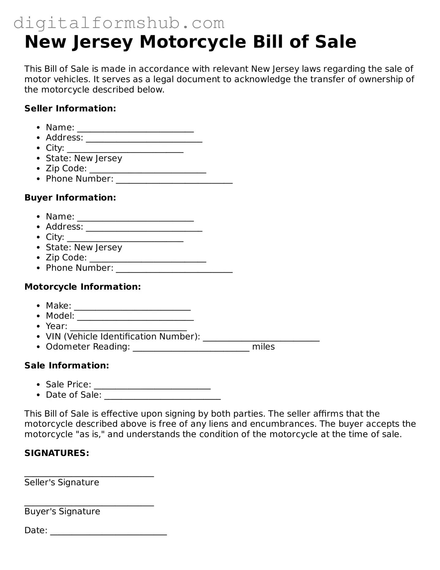 Official Motorcycle Bill of Sale Template for the State of New Jersey