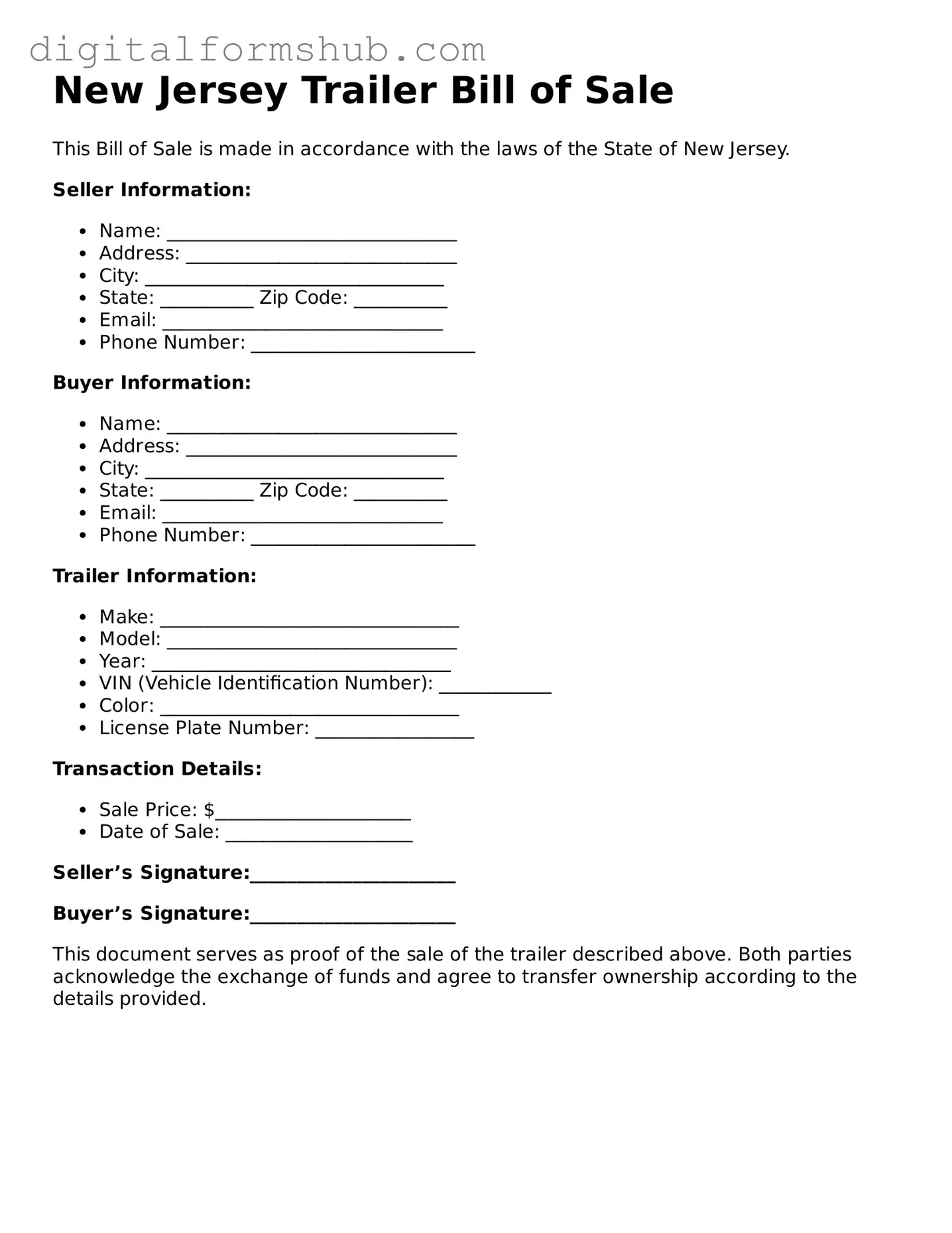 Official Trailer Bill of Sale Template for the State of New Jersey