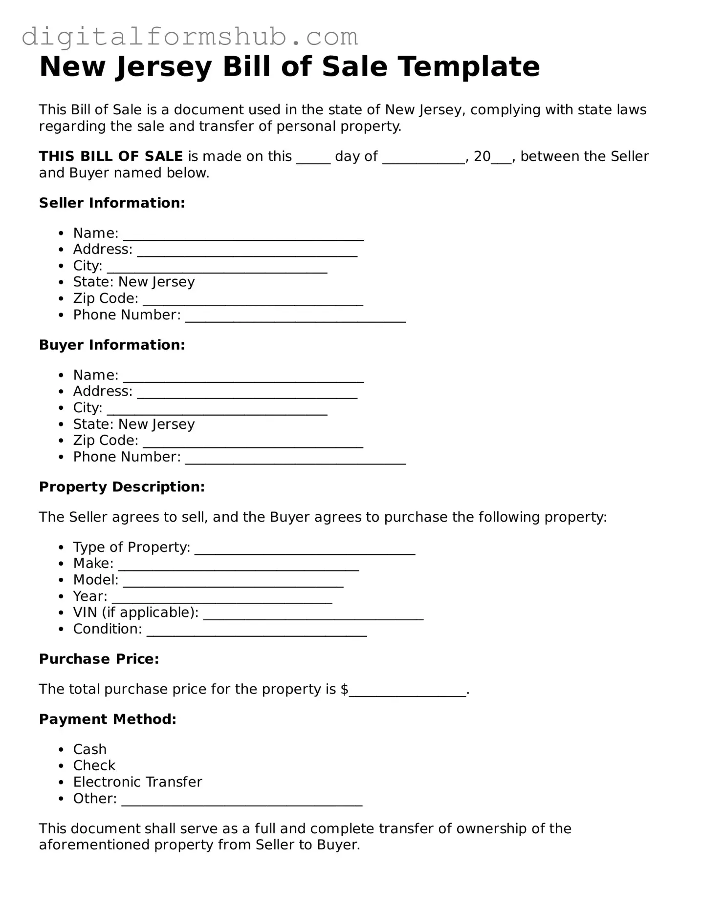 Official Bill of Sale Template for the State of New Jersey