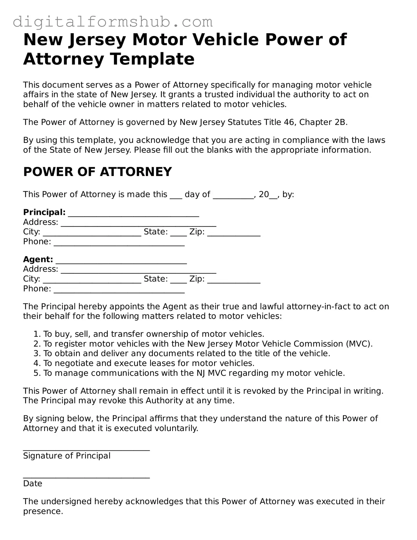Official Motor Vehicle Power of Attorney Template for the State of New Jersey