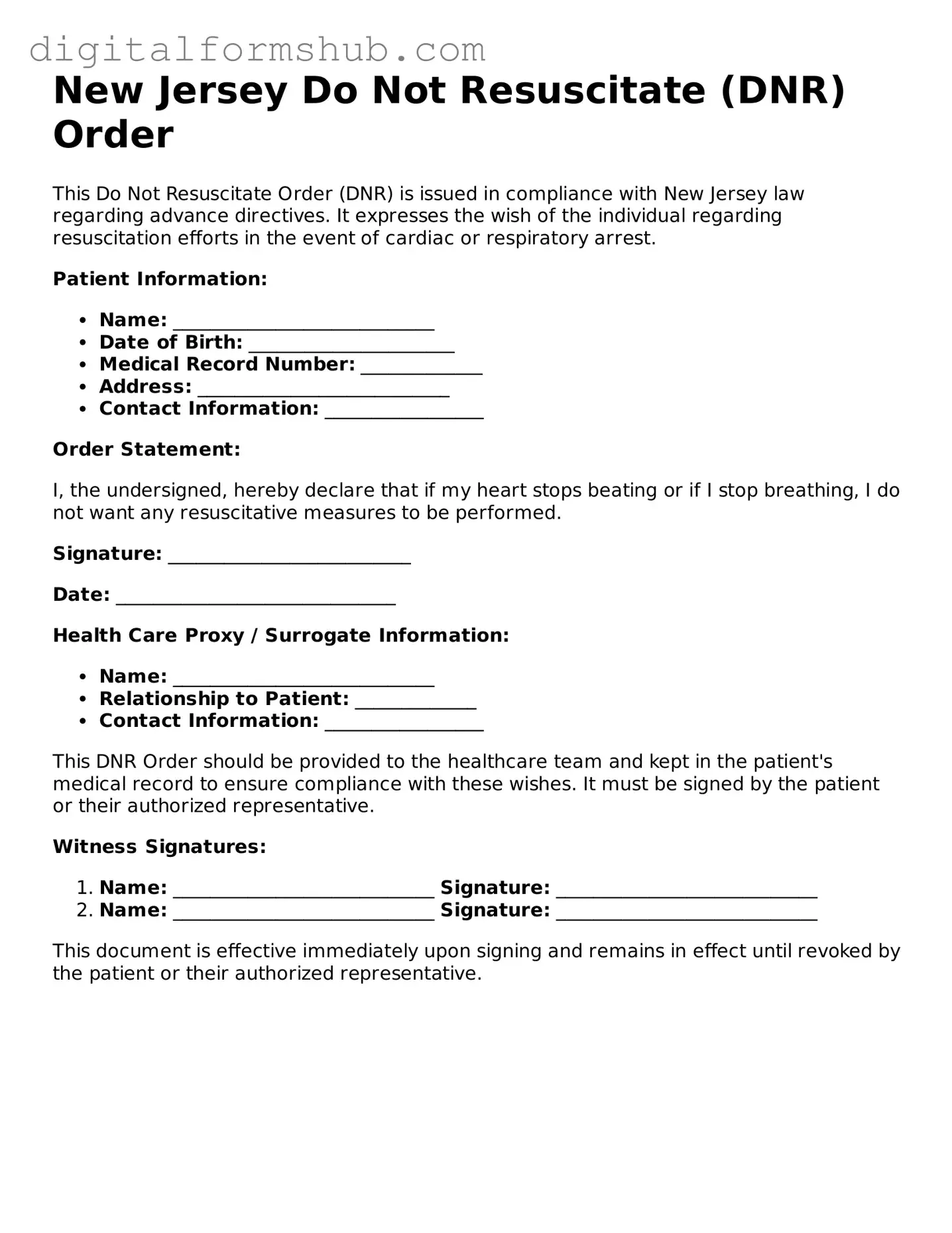 Official Do Not Resuscitate Order Template for the State of New Jersey