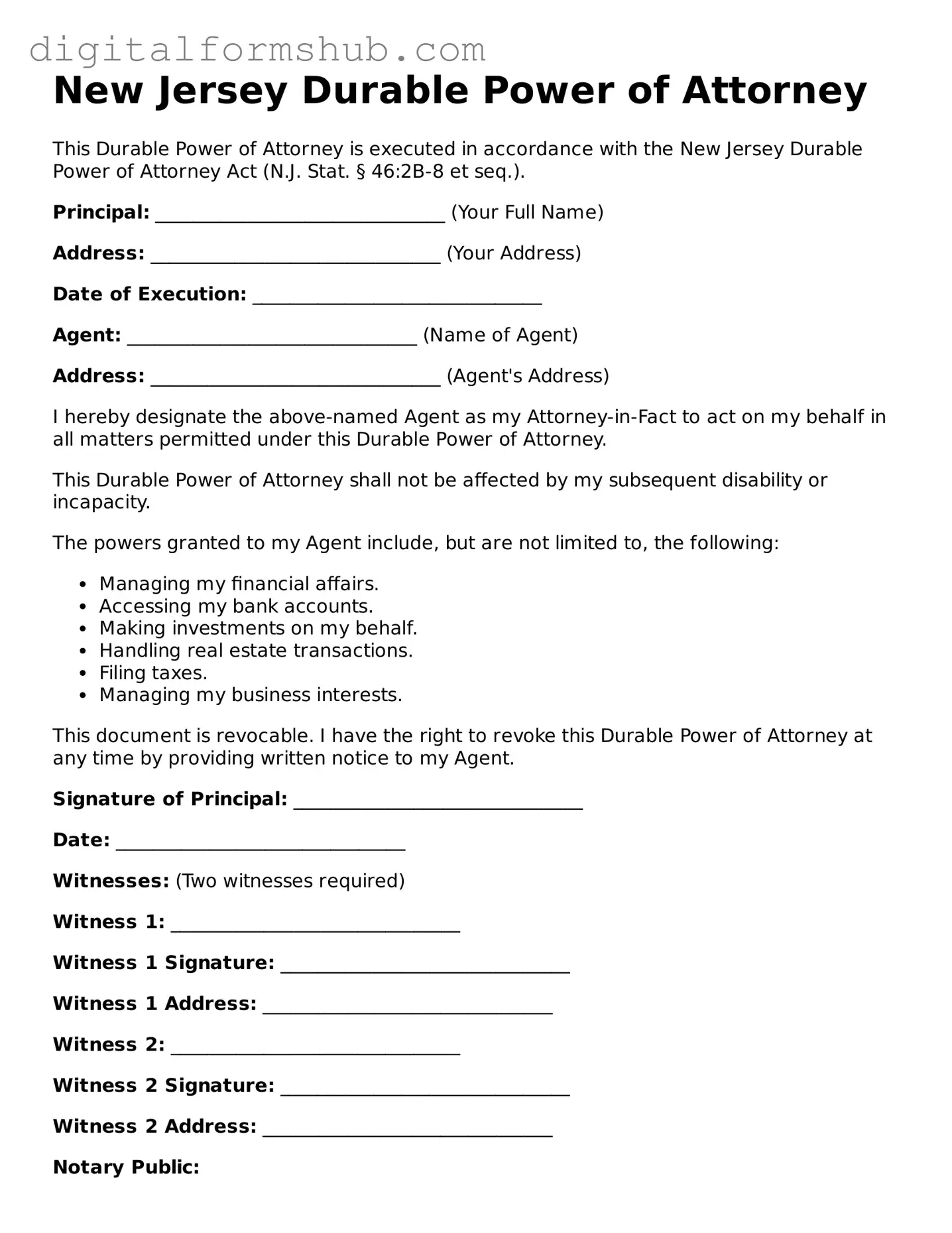 Official Durable Power of Attorney Template for the State of New Jersey