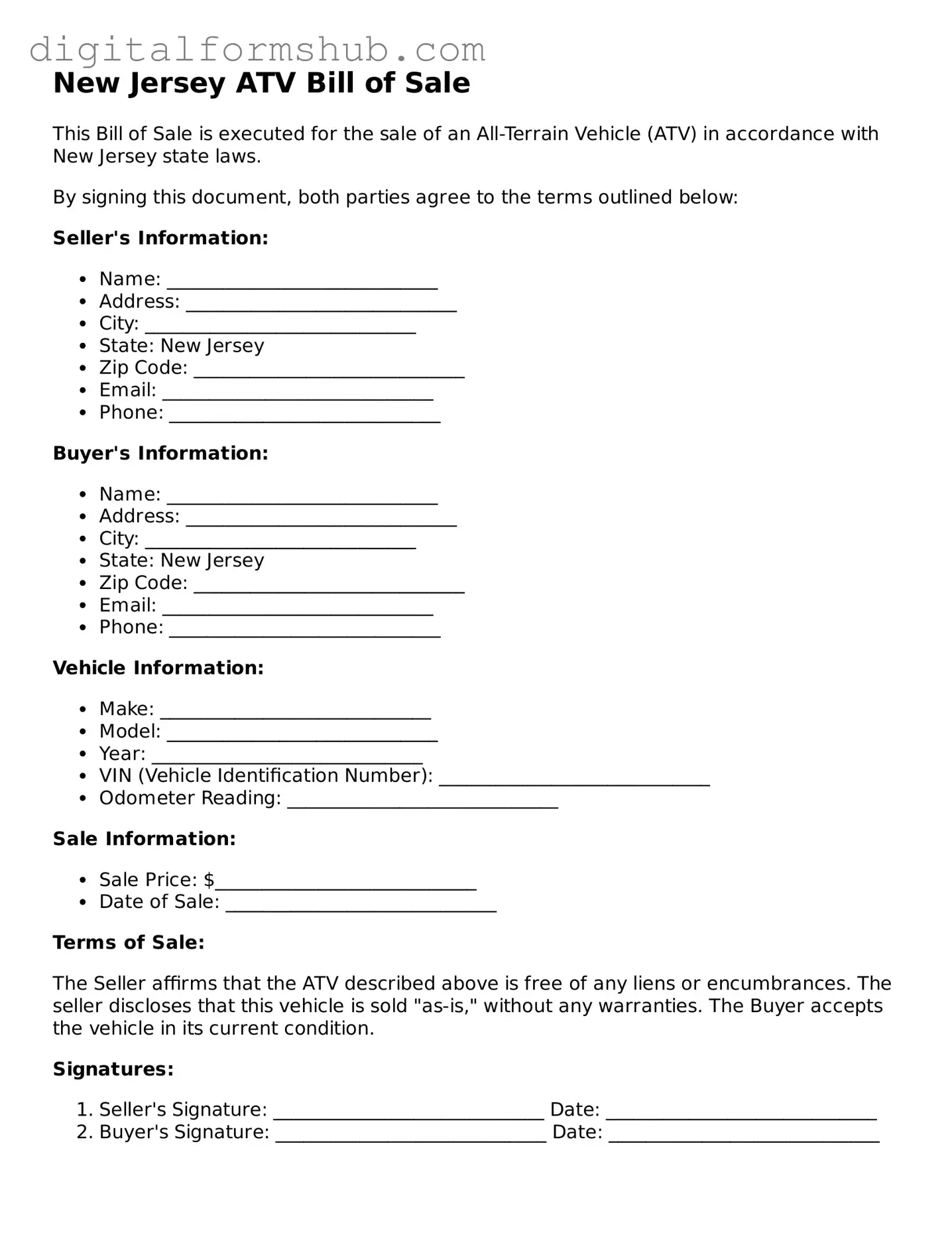 Official ATV Bill of Sale Template for the State of New Jersey