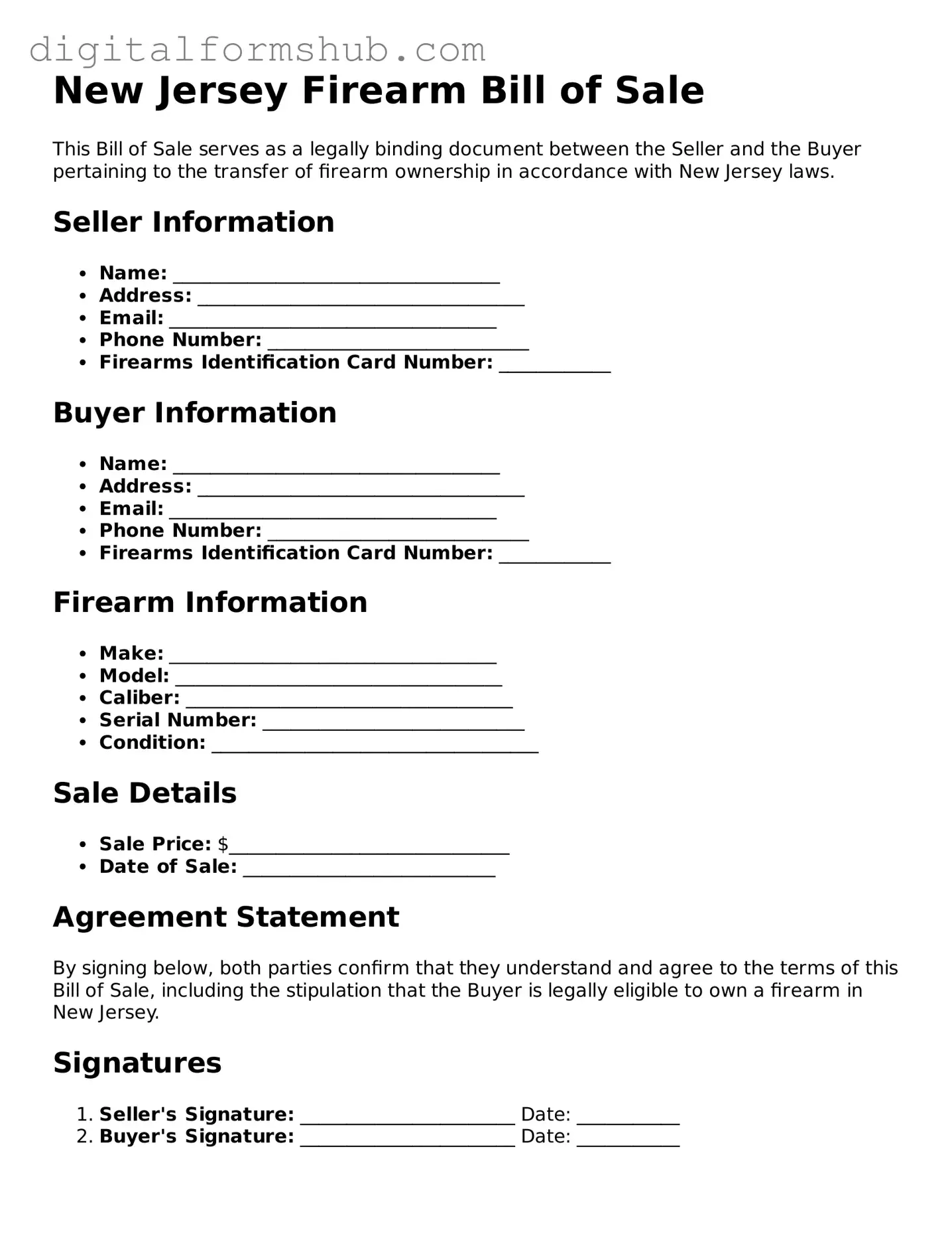 Official Firearm Bill of Sale Template for the State of New Jersey