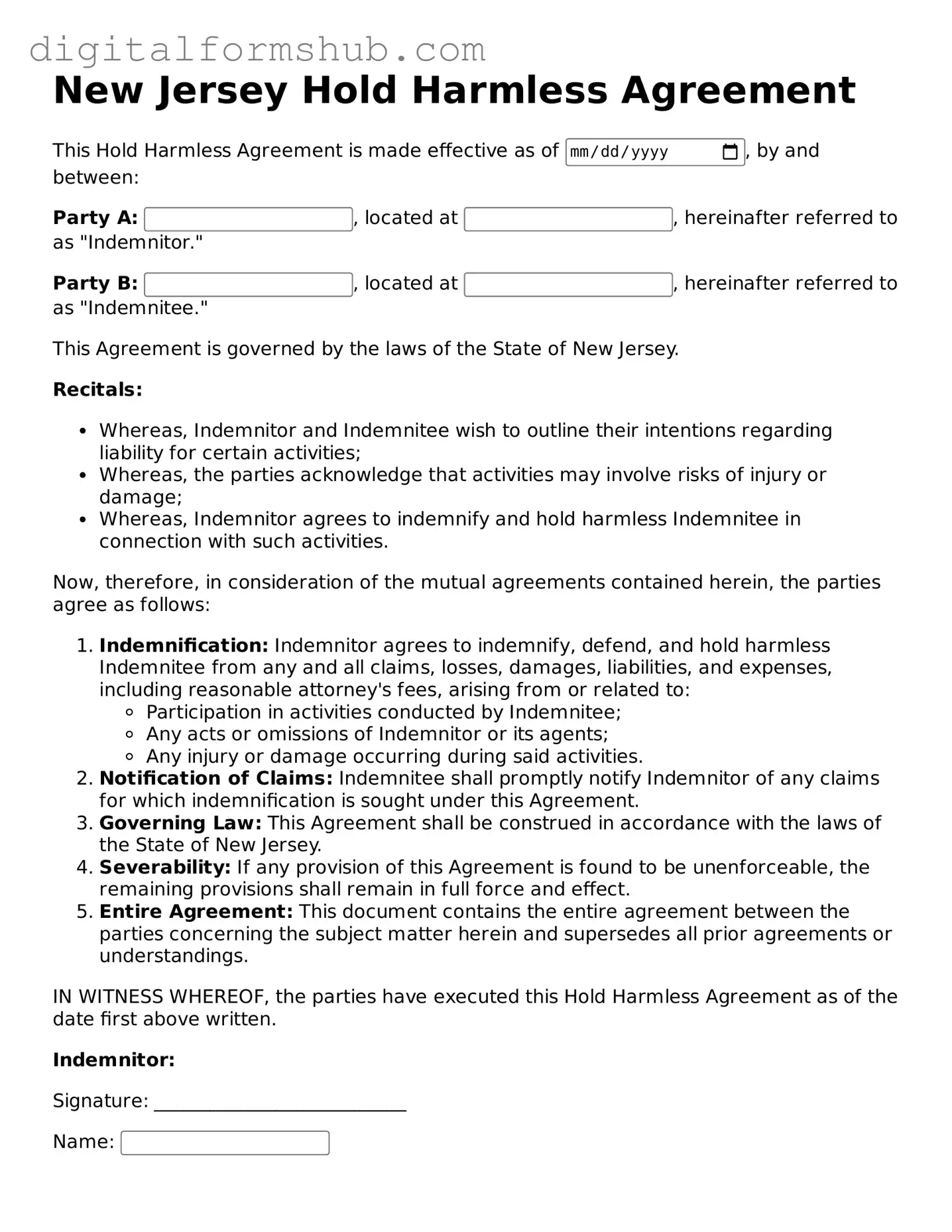 Official Hold Harmless Agreement Template for the State of New Jersey