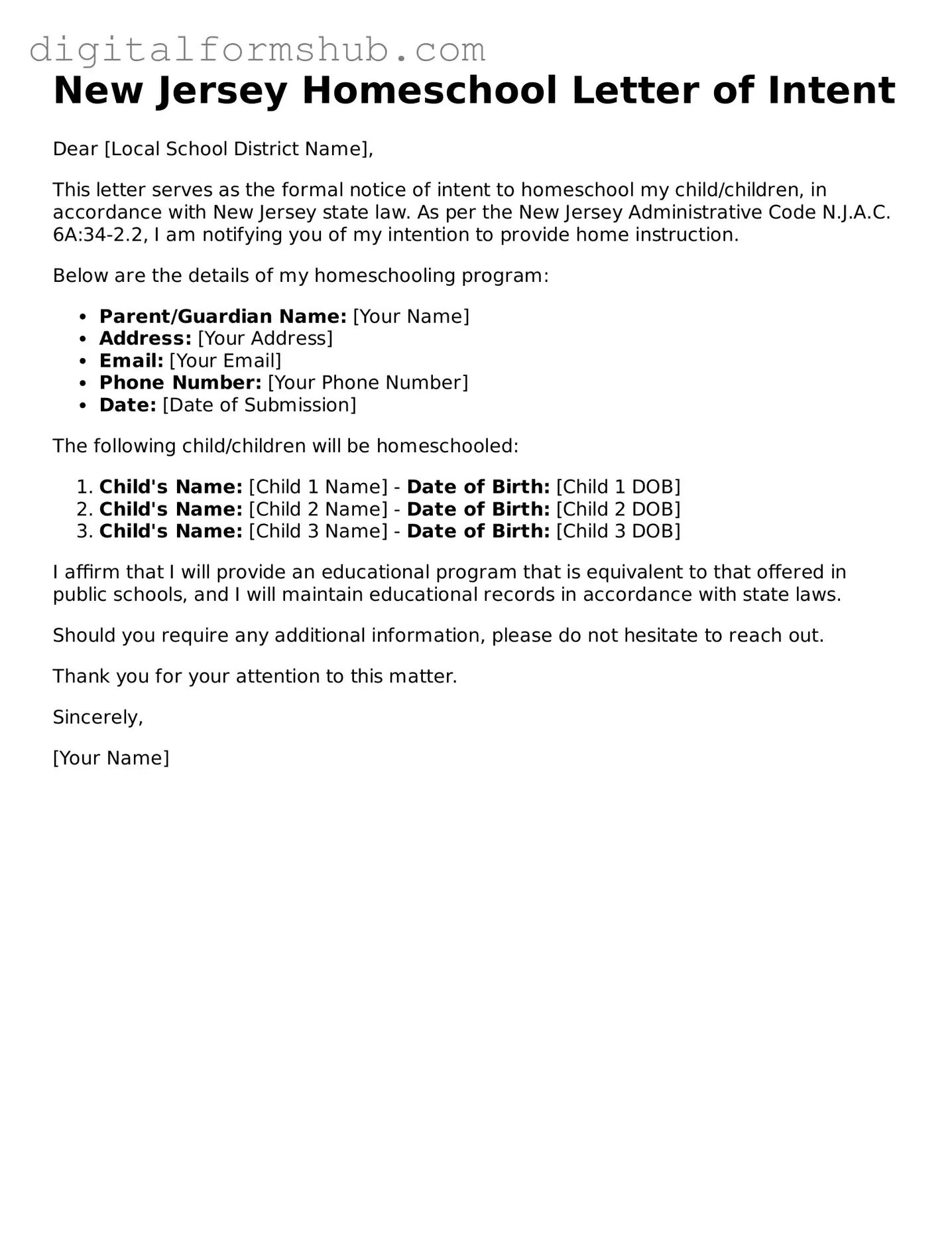 Official Homeschool Letter of Intent Template for the State of New Jersey