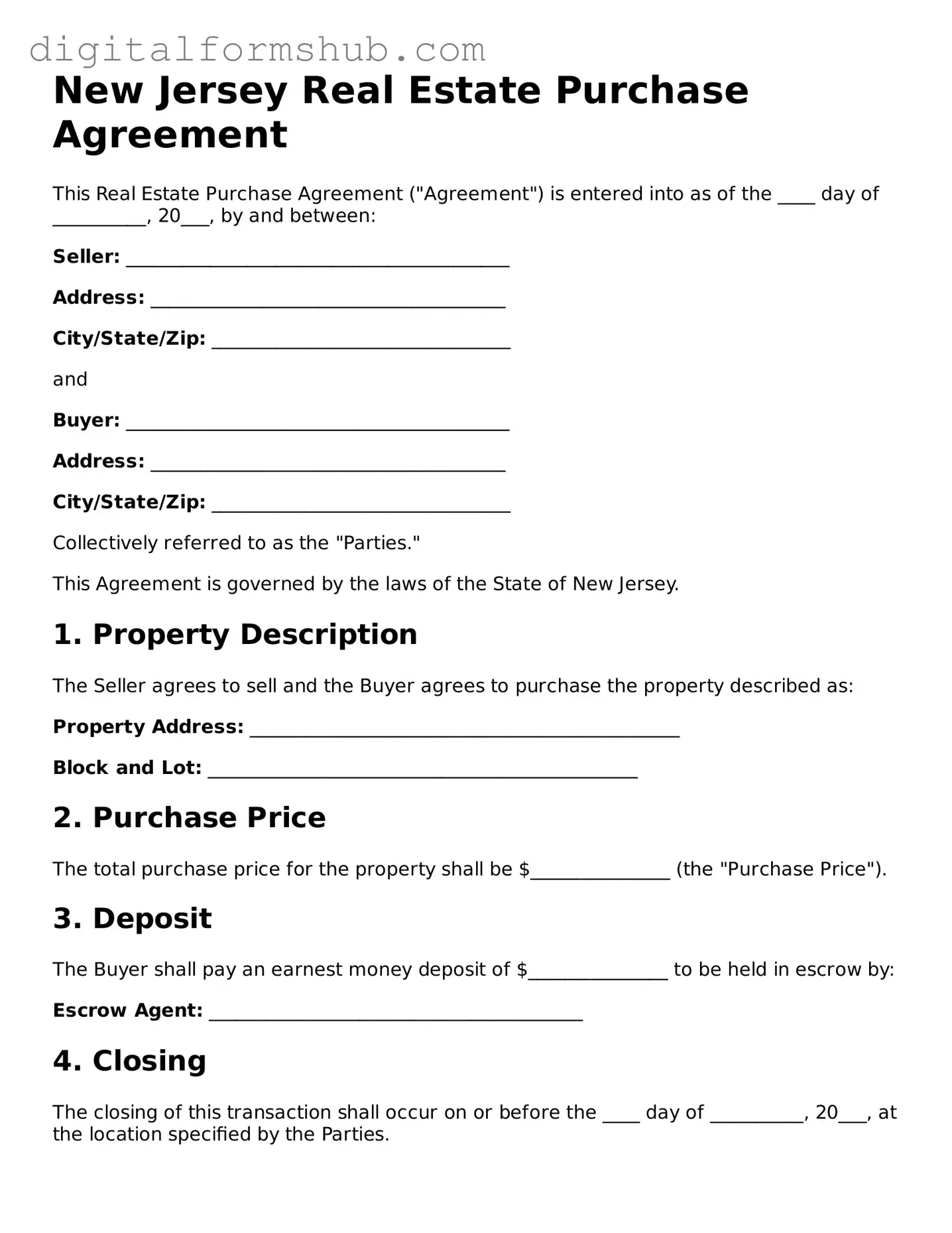 Official Real Estate Purchase Agreement Template for the State of New Jersey