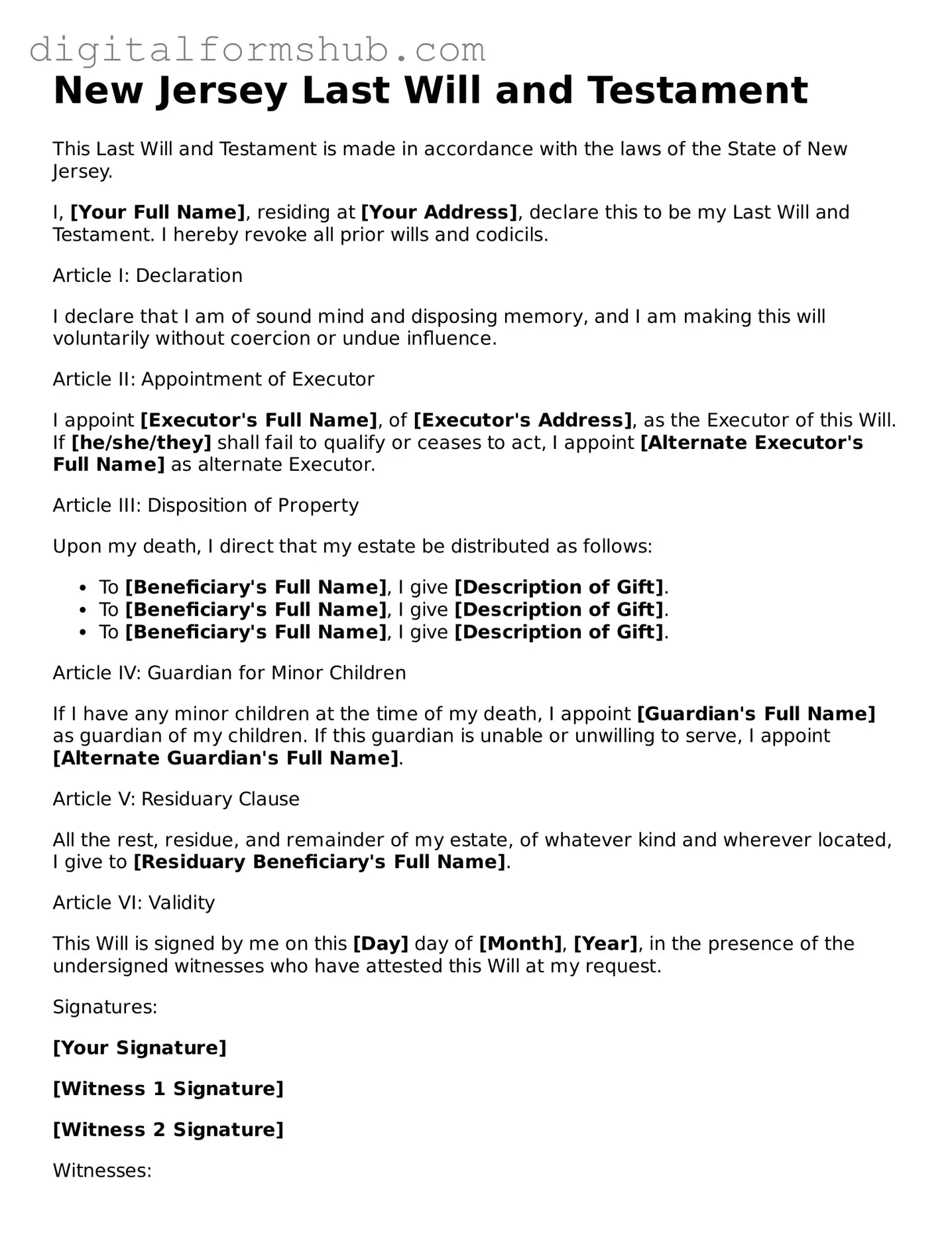 Official Last Will and Testament Template for the State of New Jersey