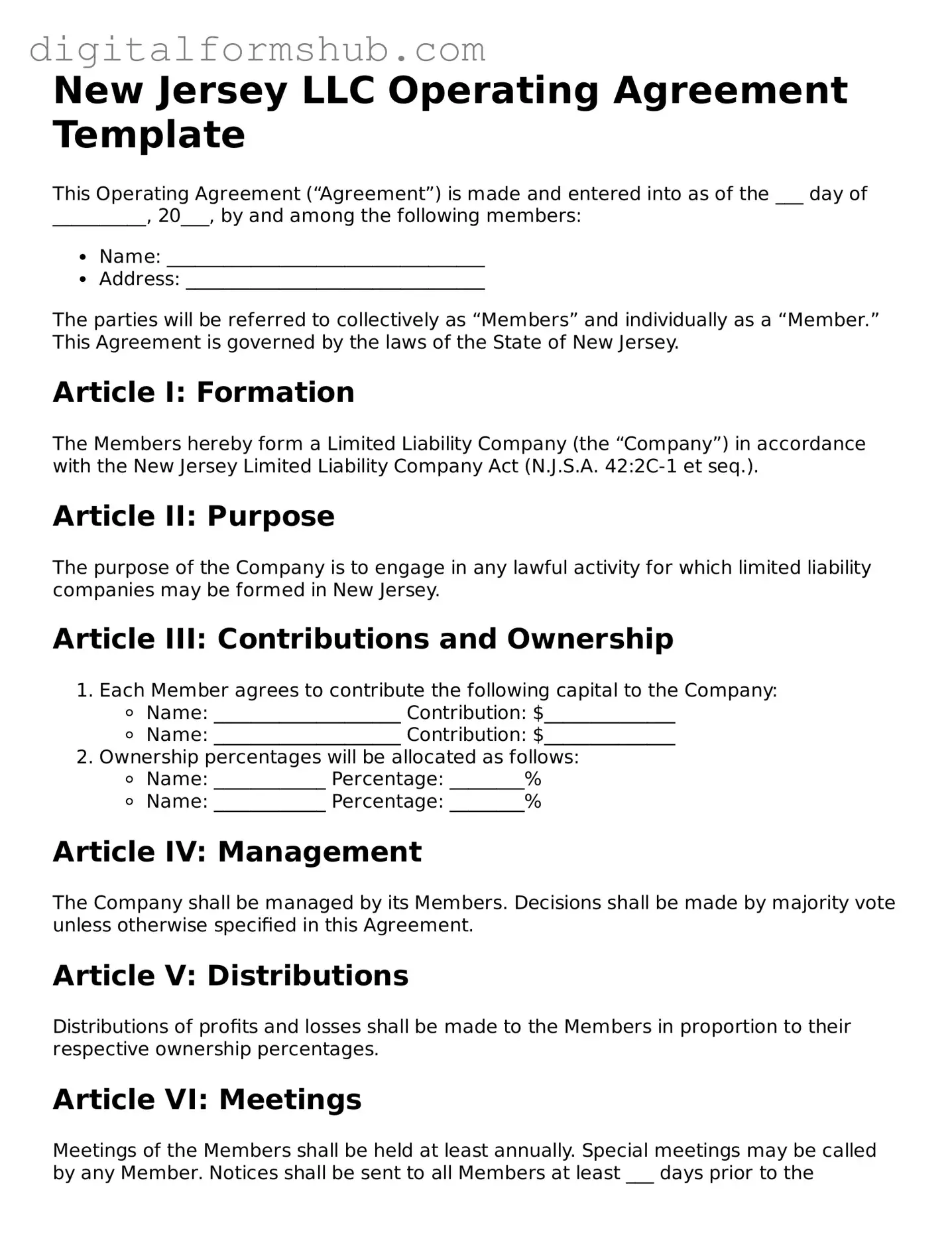 Official Operating Agreement Template for the State of New Jersey