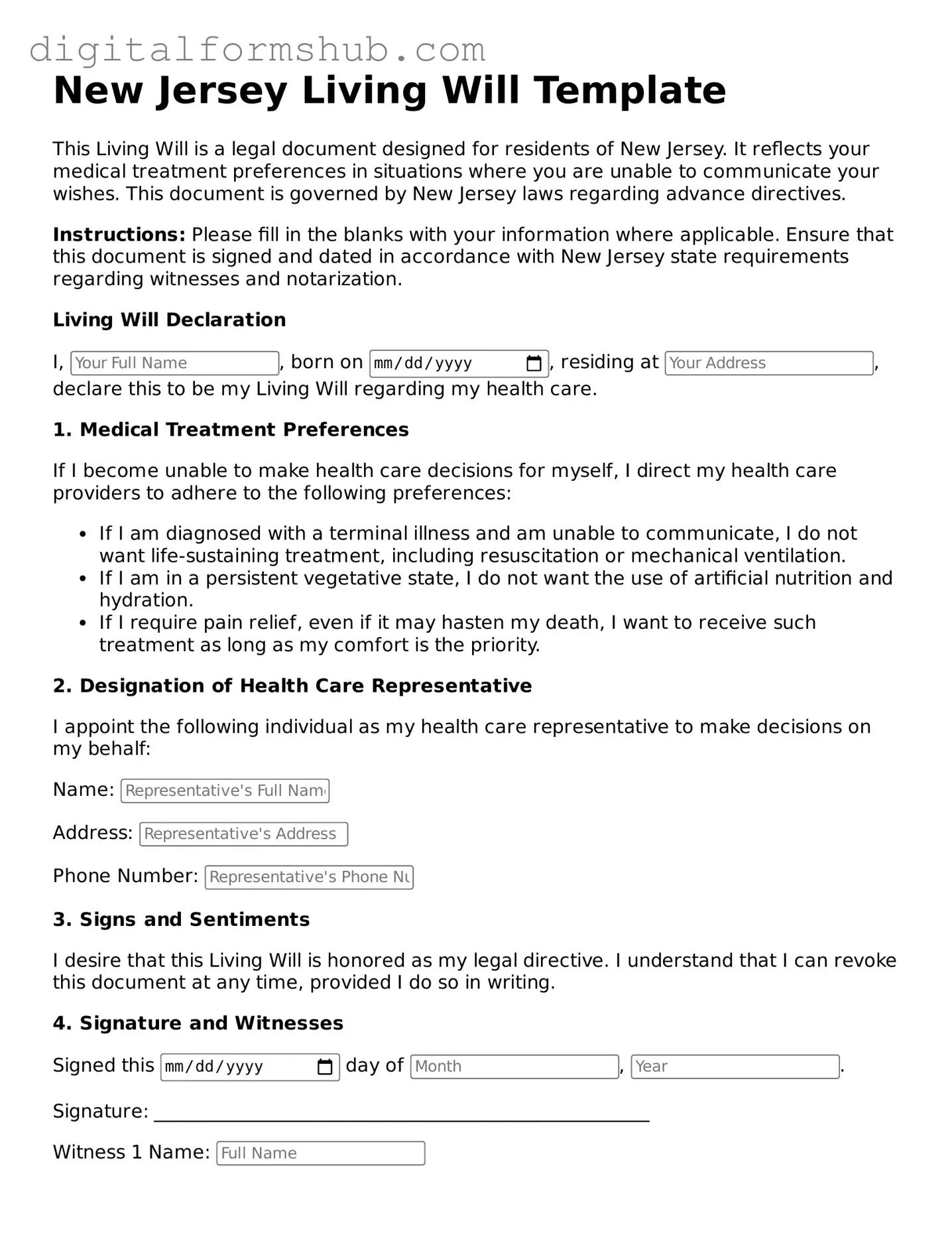 Official Living Will Template for the State of New Jersey