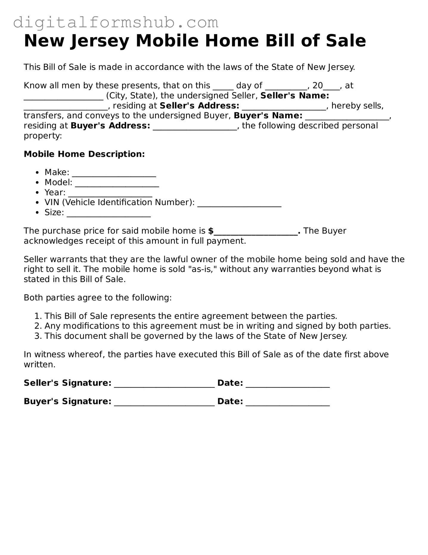 Official Mobile Home Bill of Sale Template for the State of New Jersey