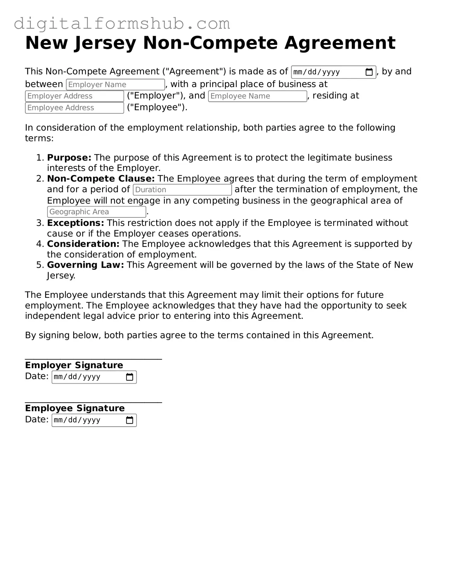 Official Non-compete Agreement Template for the State of New Jersey