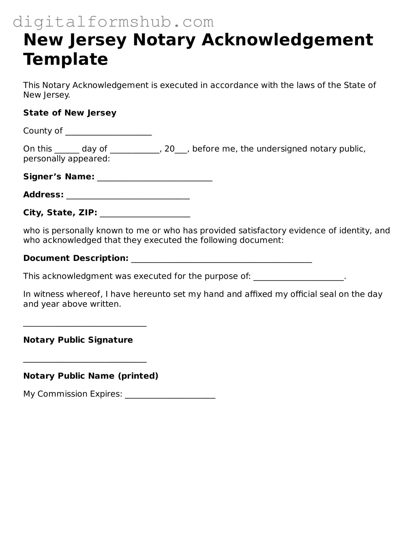 Official Notary Acknowledgement Template for the State of New Jersey