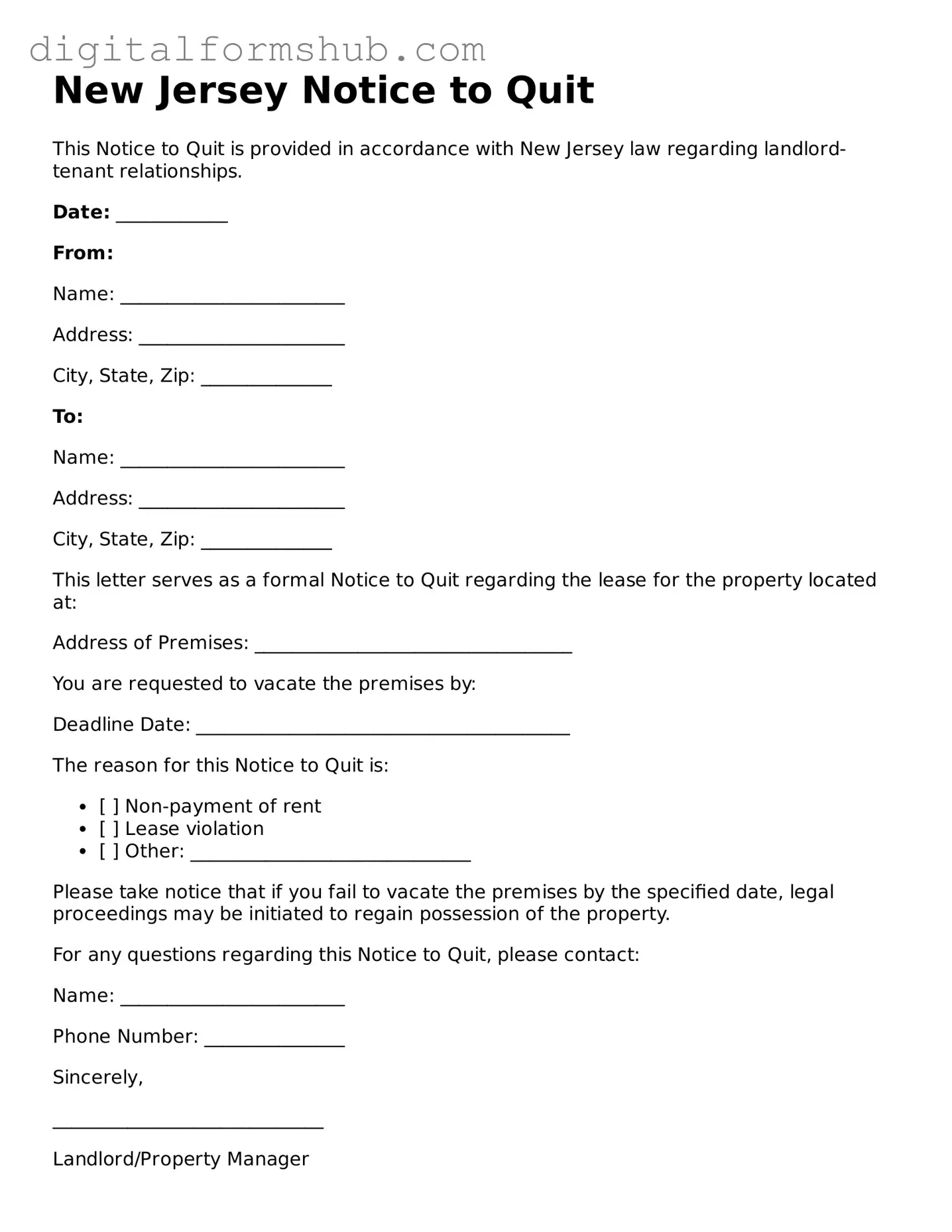 Official Notice to Quit Template for the State of New Jersey