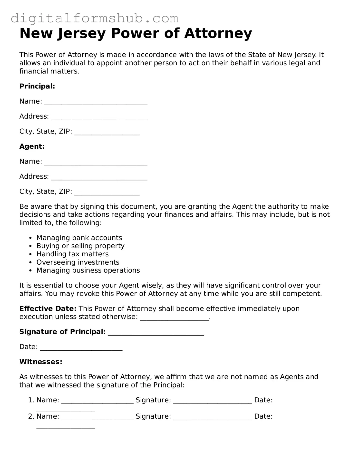 Official Power of Attorney Template for the State of New Jersey