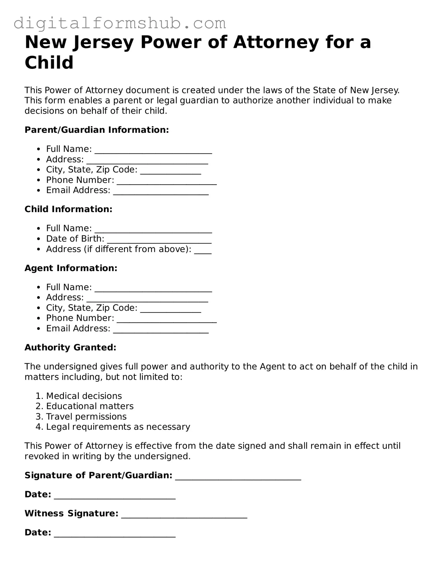 Official Power of Attorney for a Child Template for the State of New Jersey