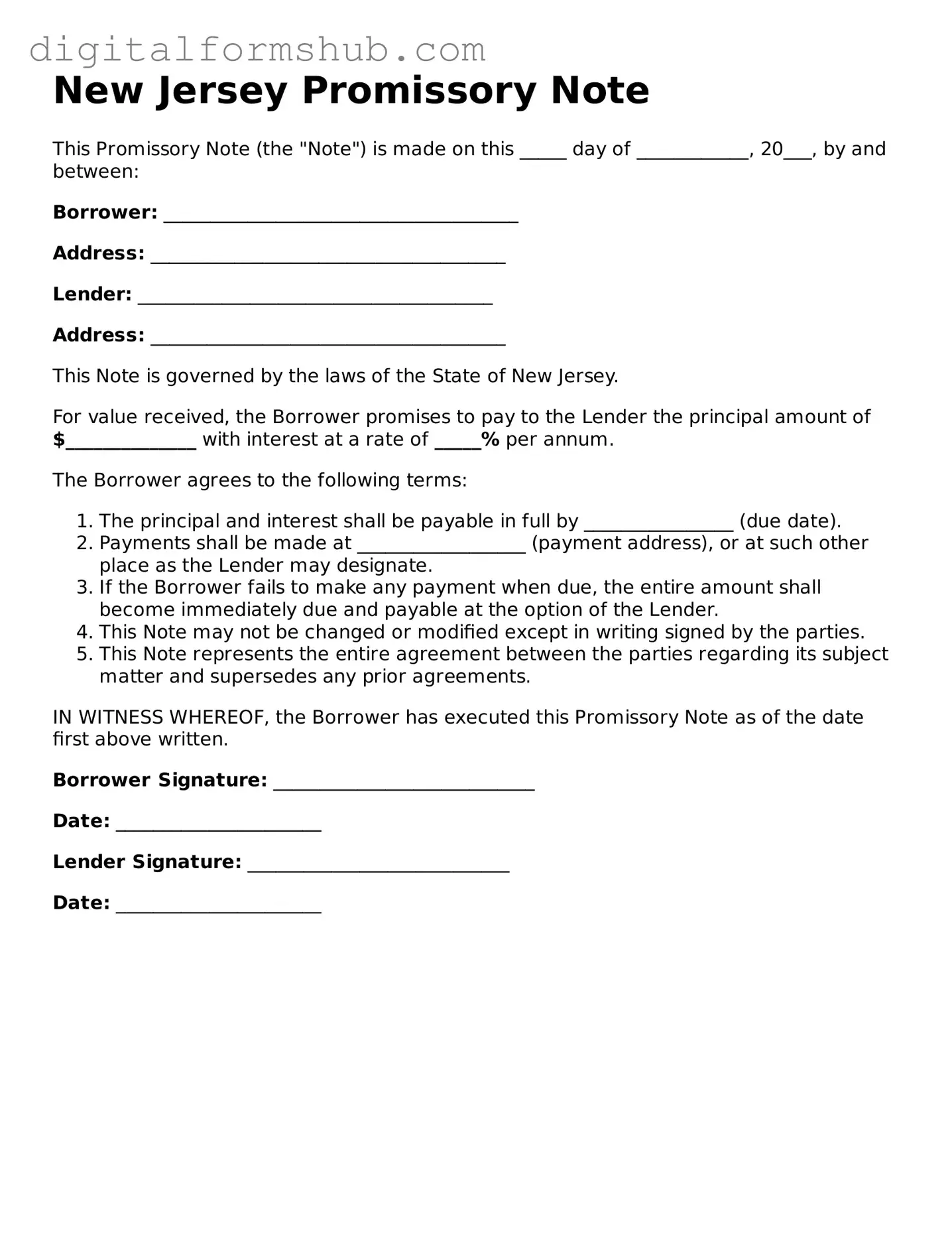 Official Promissory Note Template for the State of New Jersey