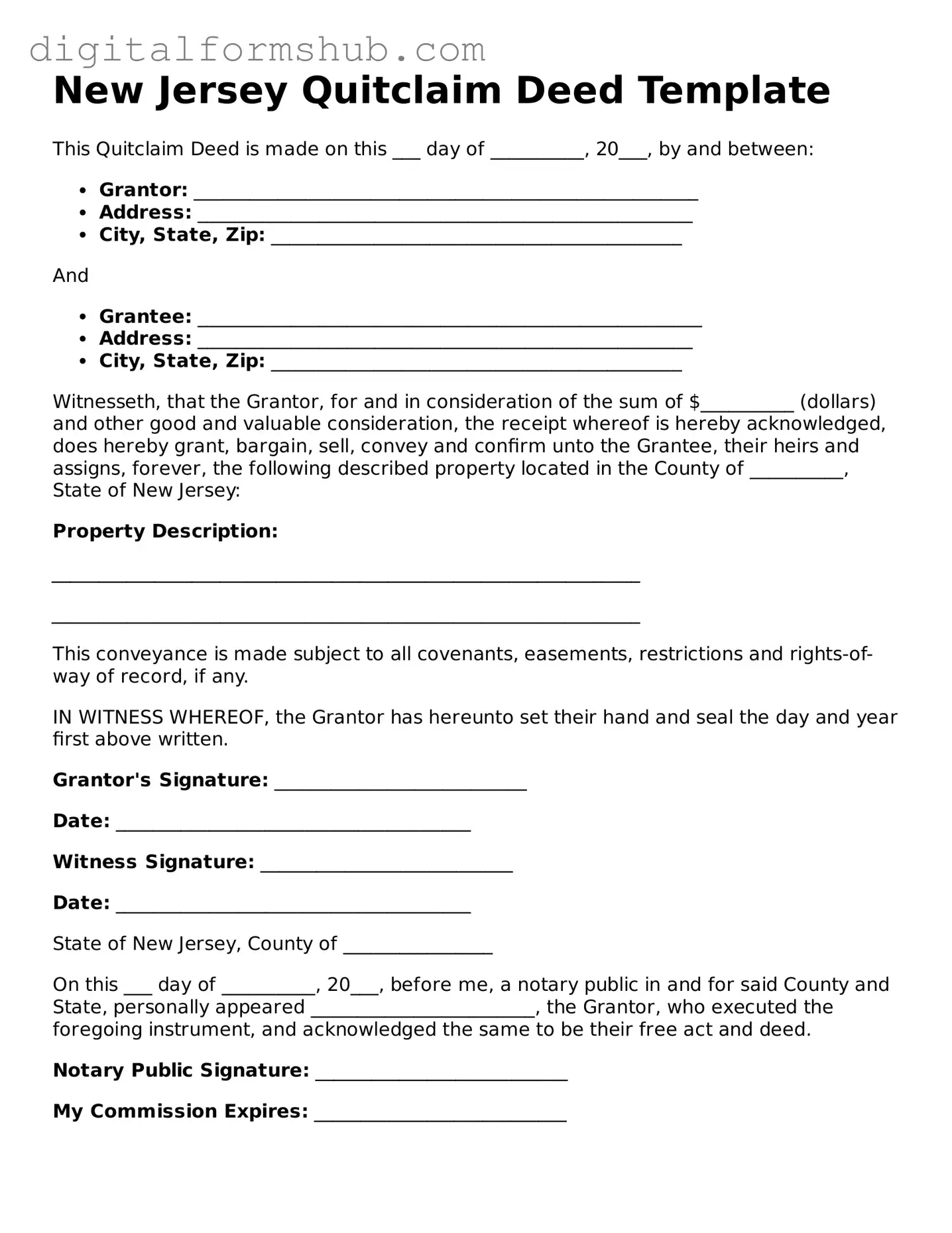 Official Quitclaim Deed Template for the State of New Jersey