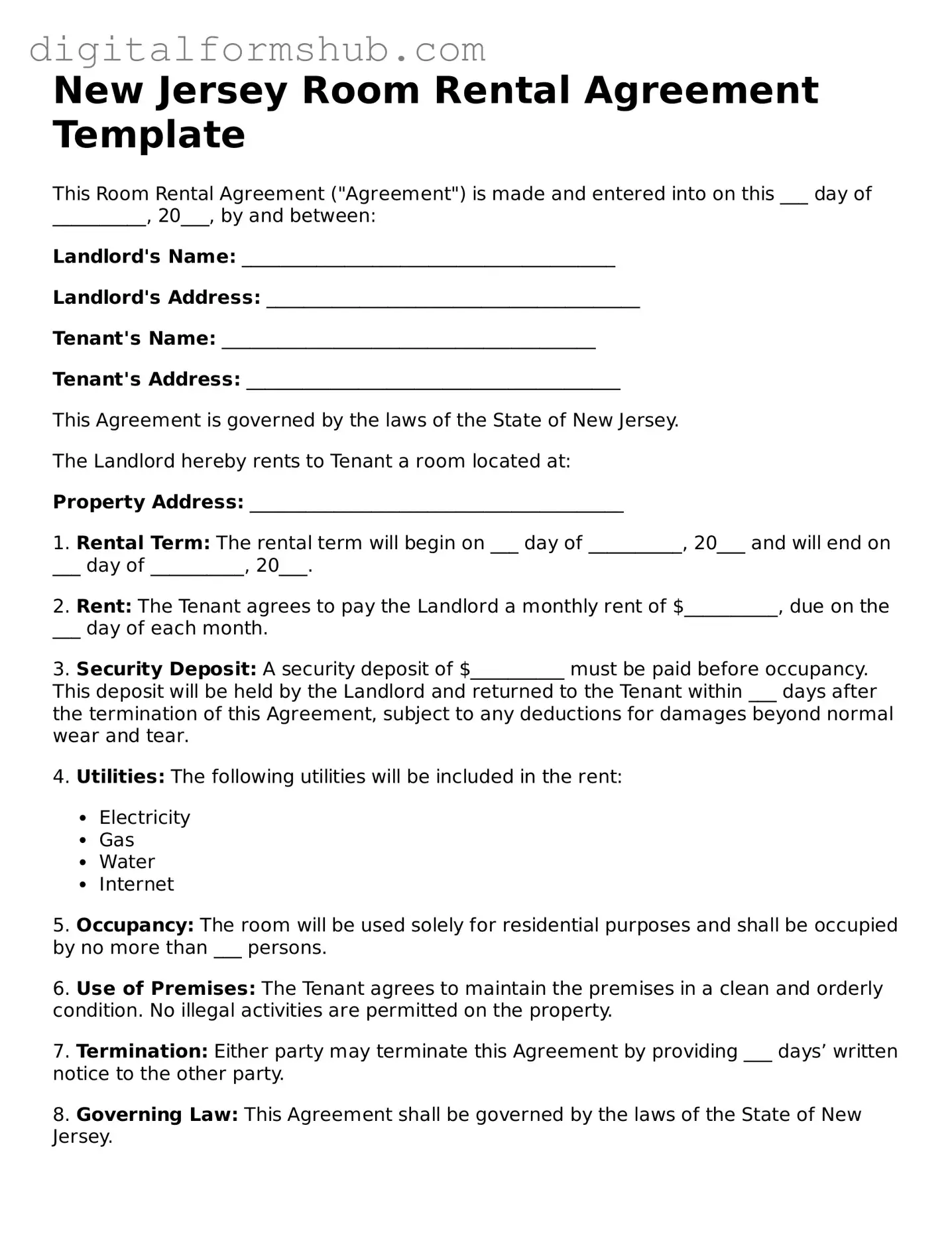 Official Room Rental Agreement Template for the State of New Jersey