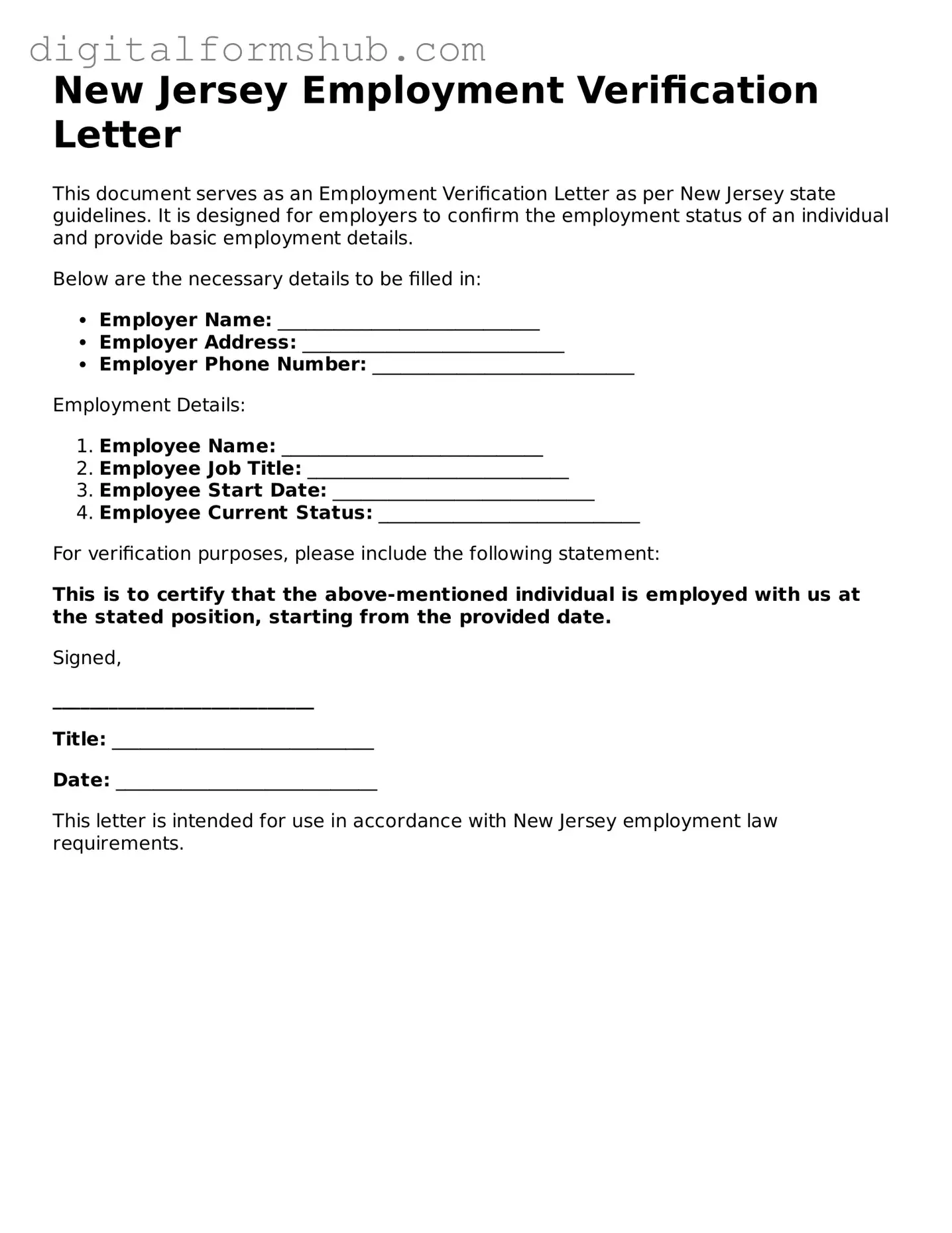 Official Employment Verification Template for the State of New Jersey
