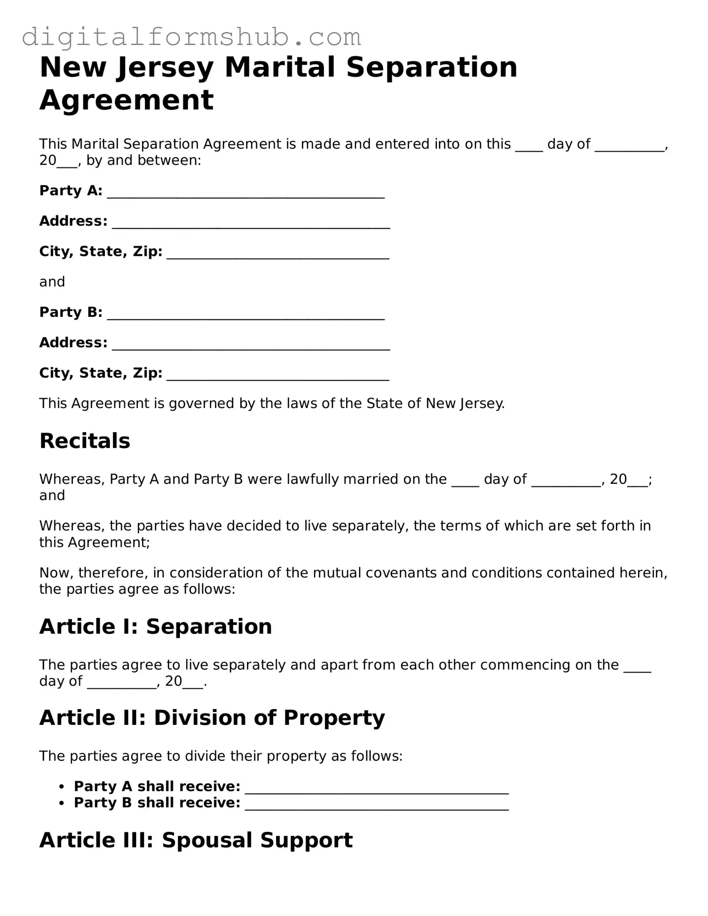 Official Marital Separation Agreement Template for the State of New Jersey