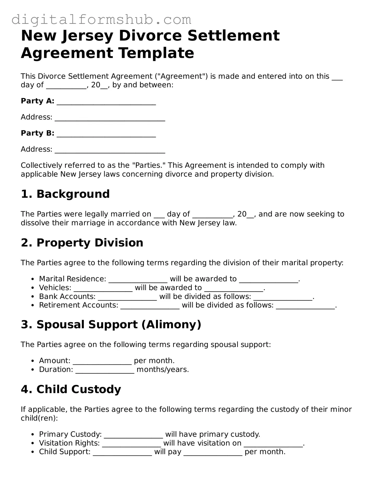 Official Divorce Settlement Agreement Template for the State of New Jersey