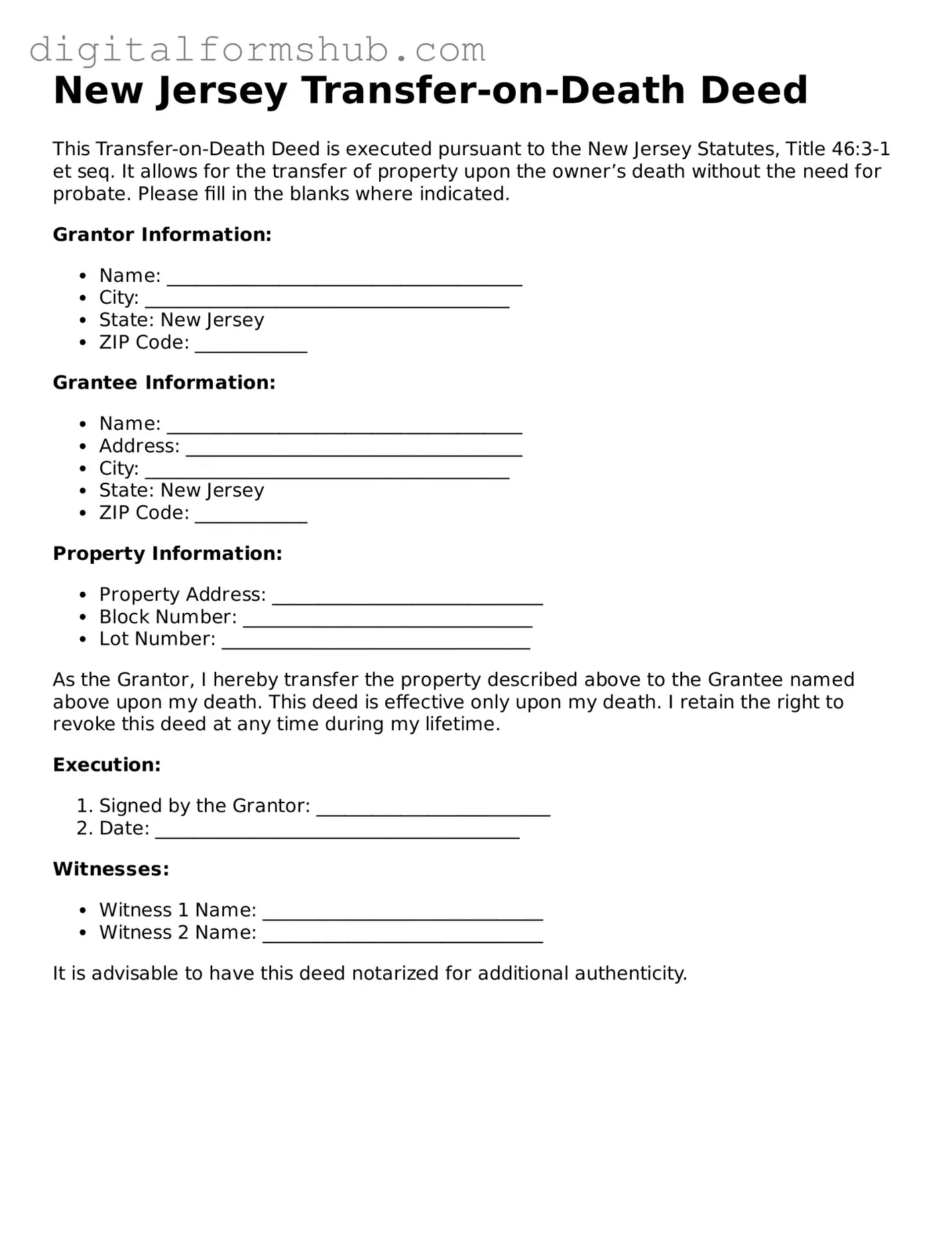 Official Transfer-on-Death Deed Template for the State of New Jersey
