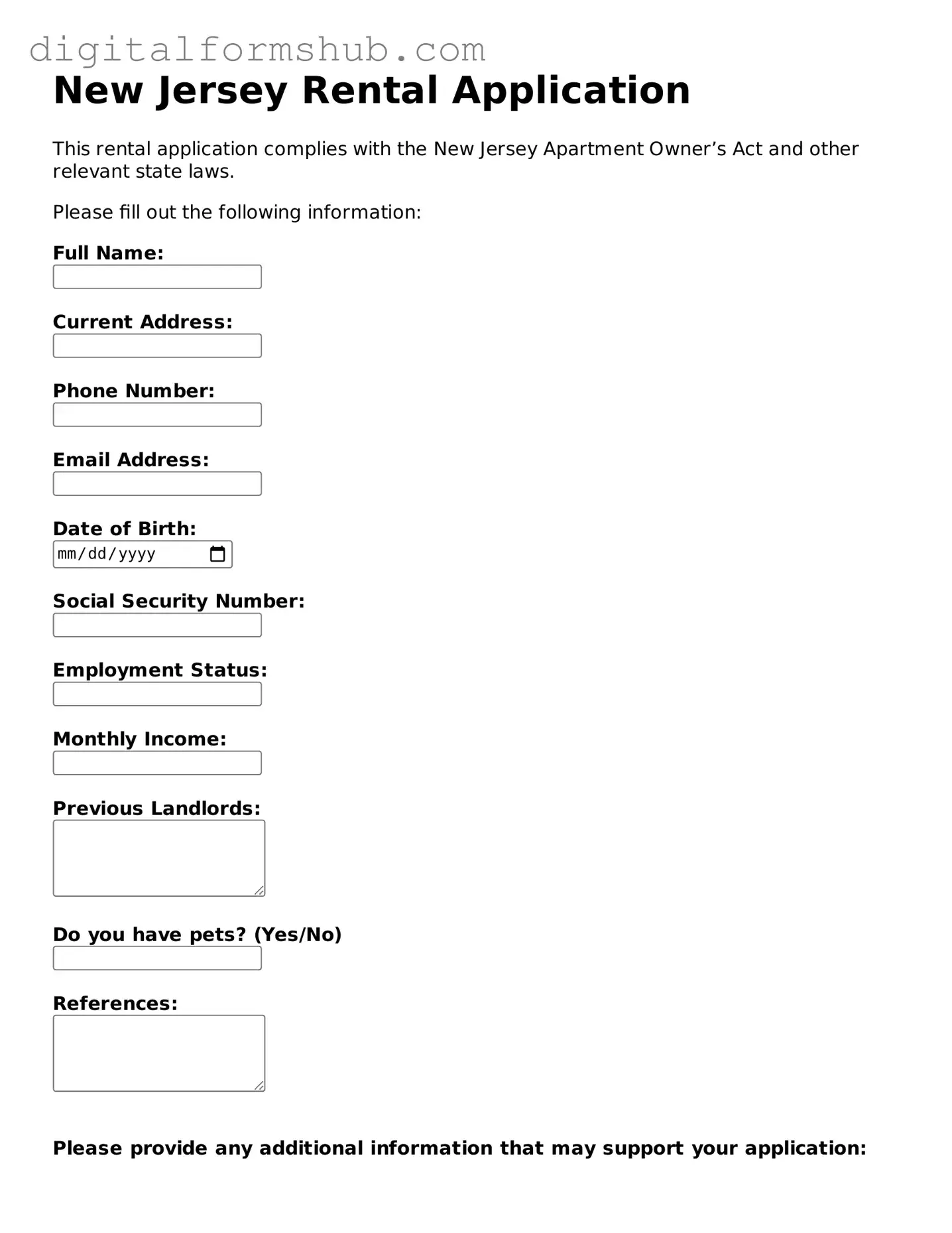 Official Rental Application Template for the State of New Jersey