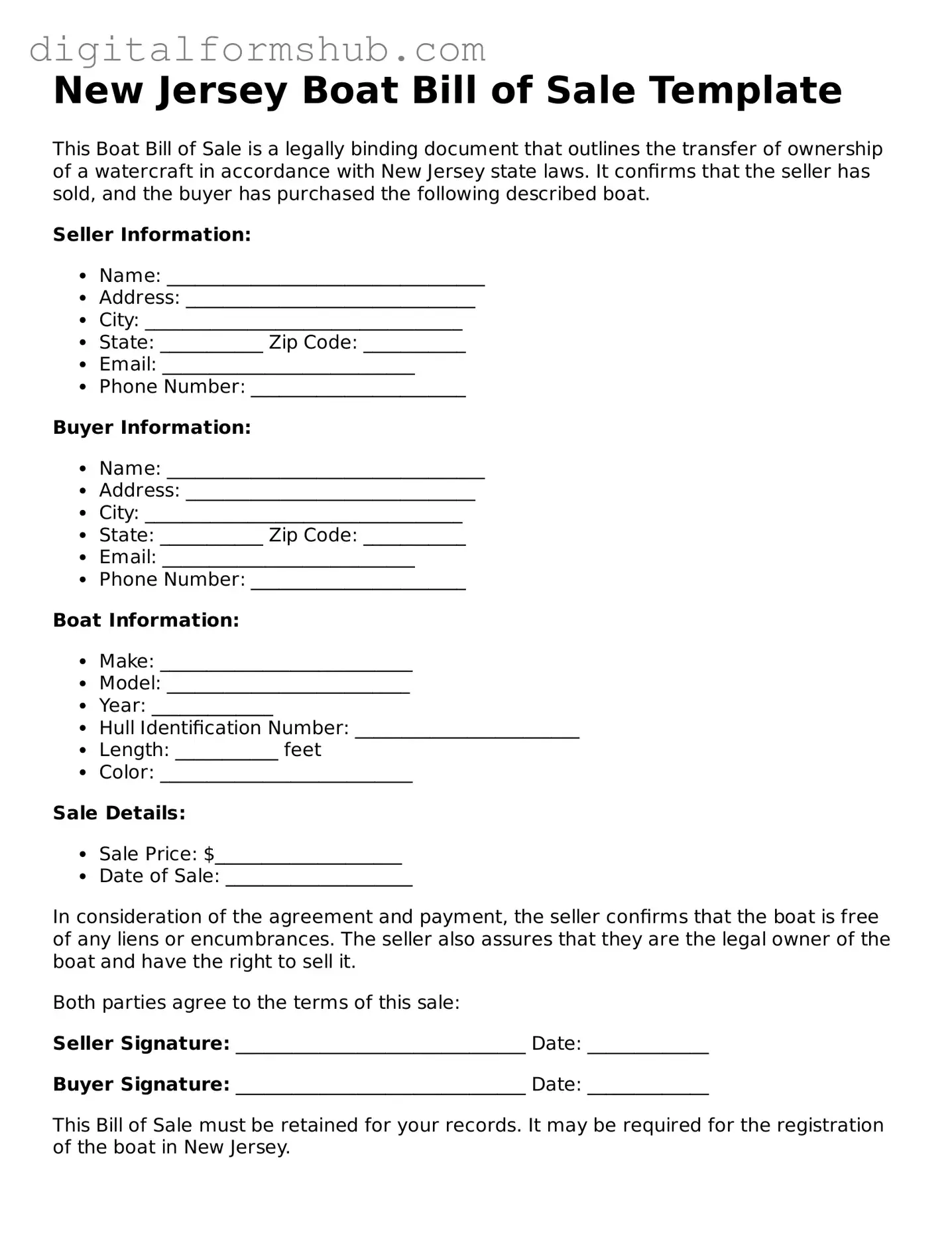 Official Boat Bill of Sale Template for the State of New Jersey