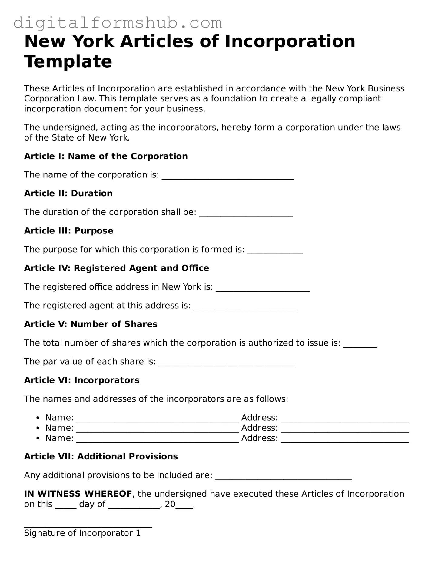 Official Articles of Incorporation Template for the State of New York