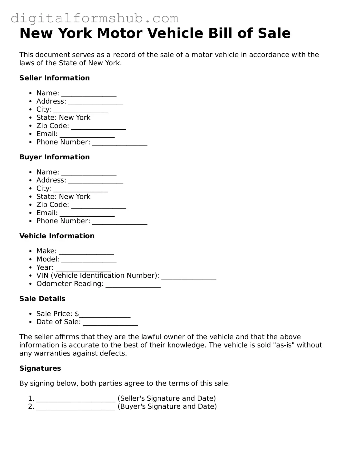 Official Motor Vehicle Bill of Sale Template for the State of New York