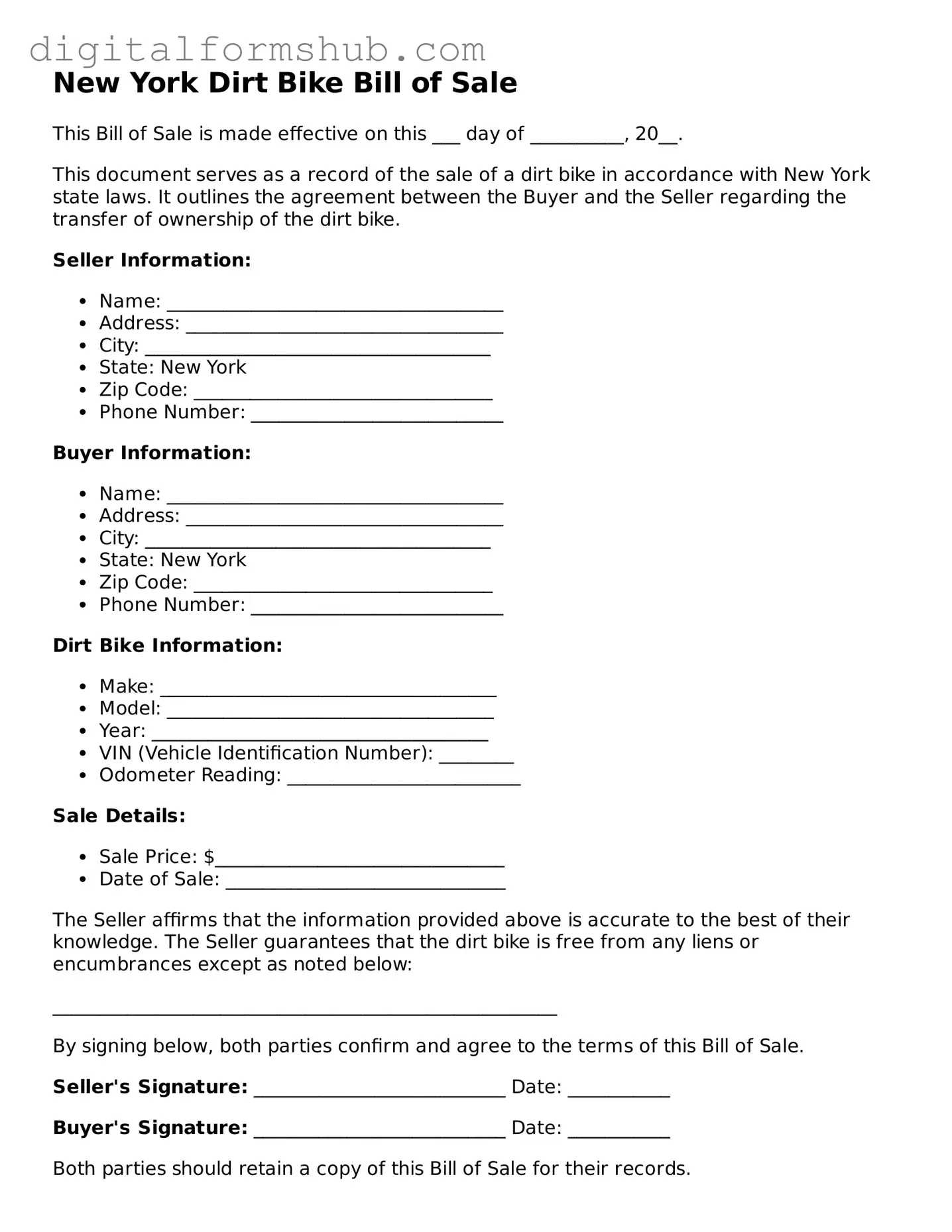 Official Dirt Bike Bill of Sale Template for the State of New York