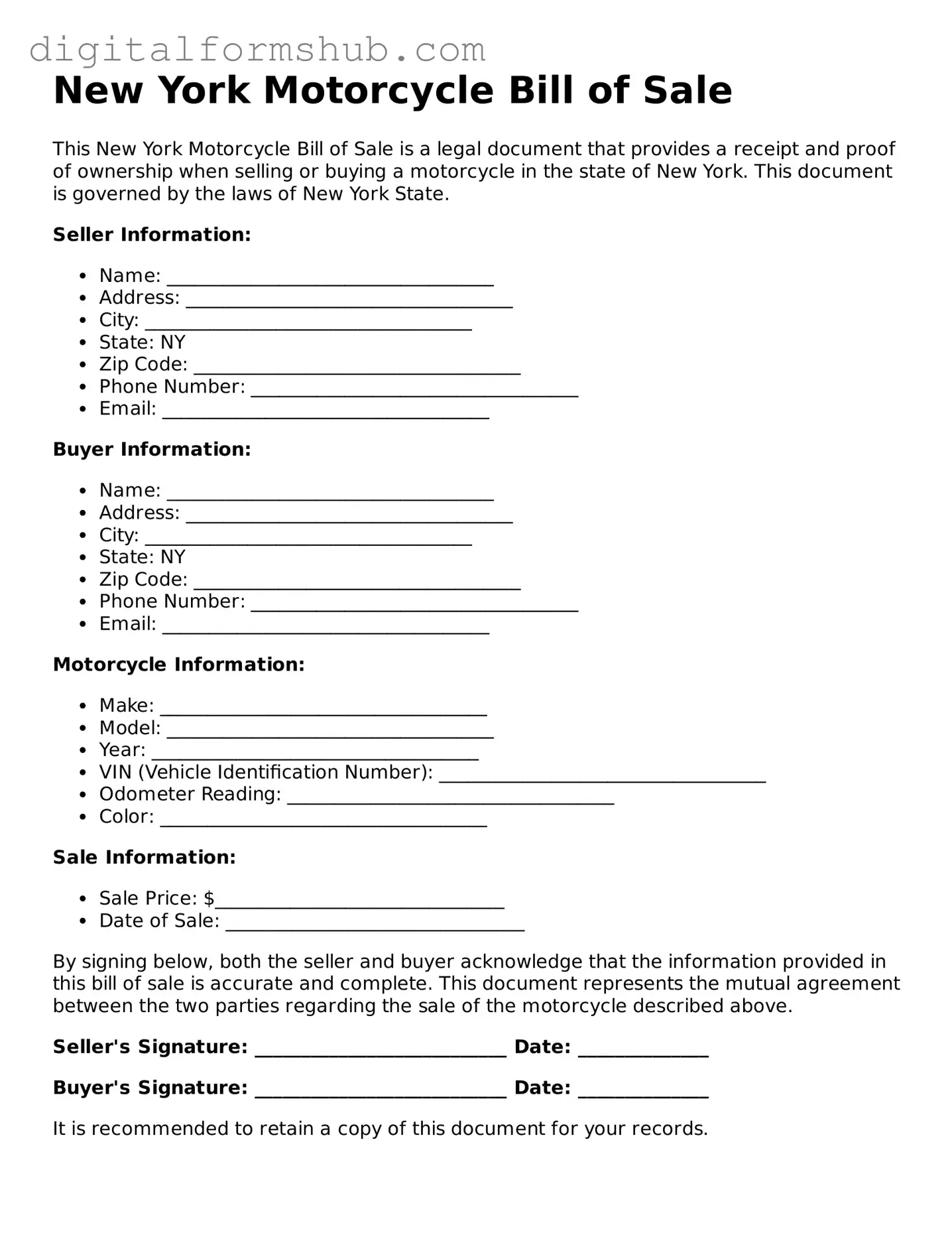 Official Motorcycle Bill of Sale Template for the State of New York