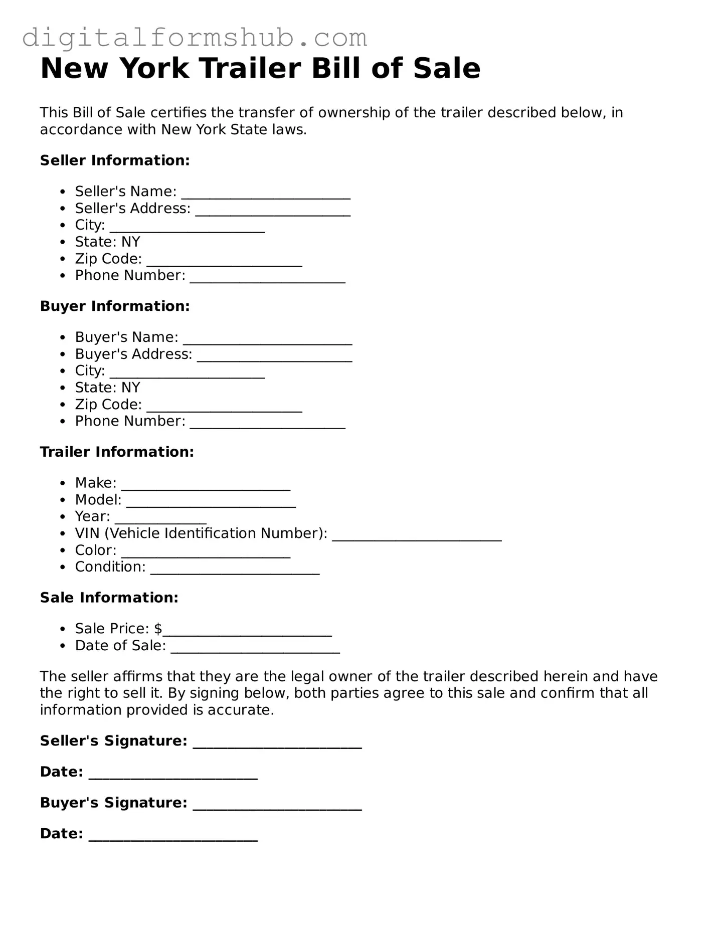 Official Trailer Bill of Sale Template for the State of New York
