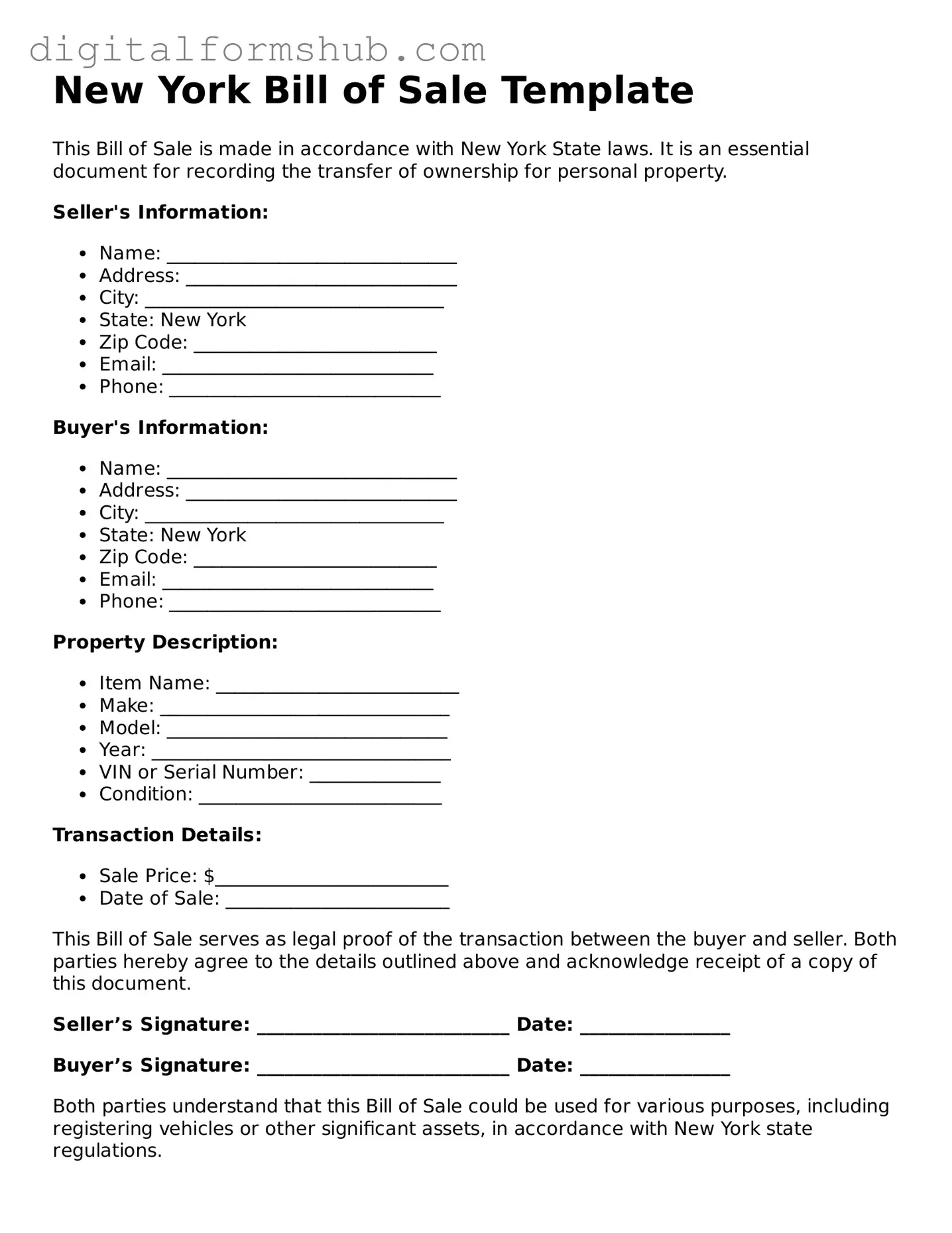 Official Bill of Sale Template for the State of New York