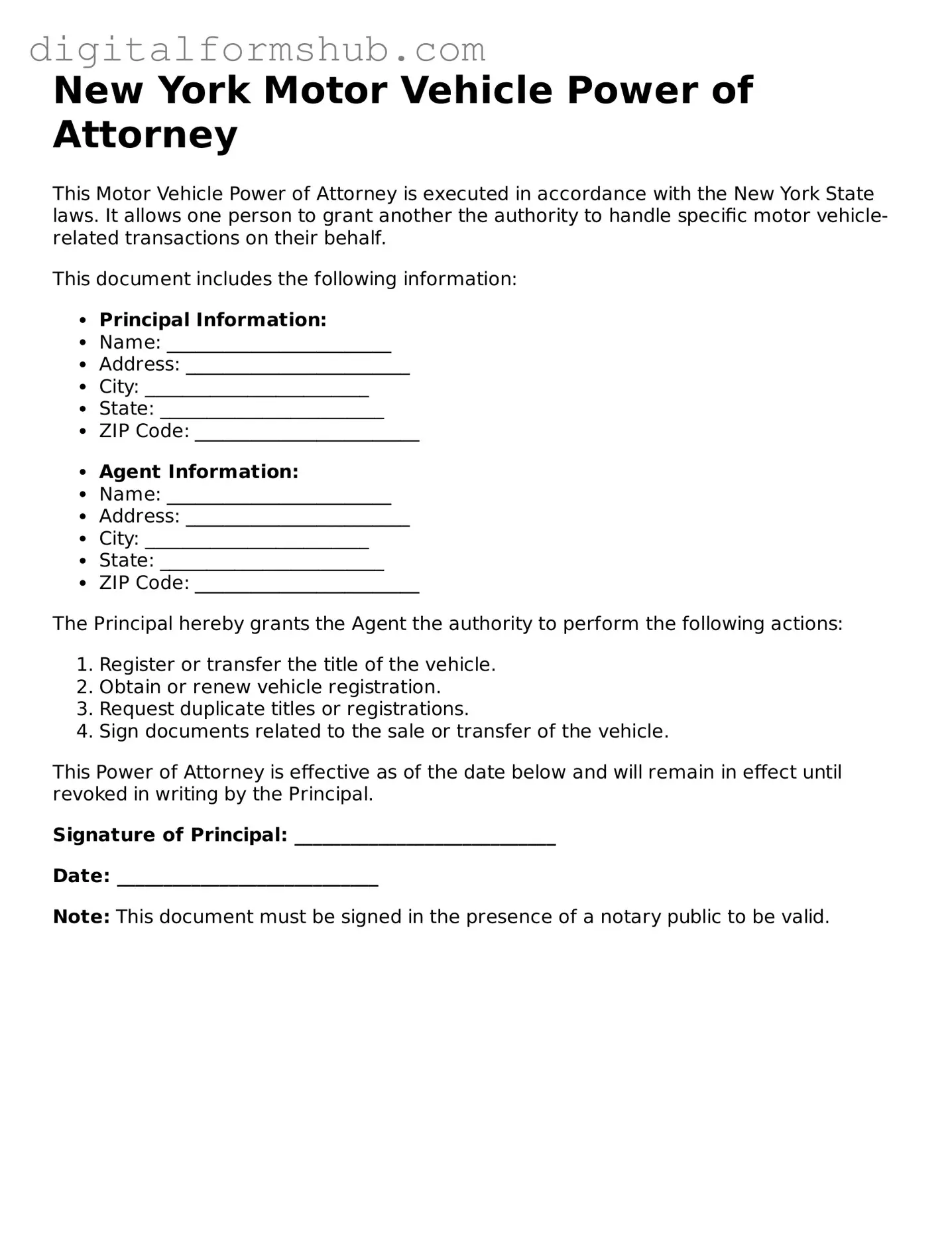 Official Motor Vehicle Power of Attorney Template for the State of New York
