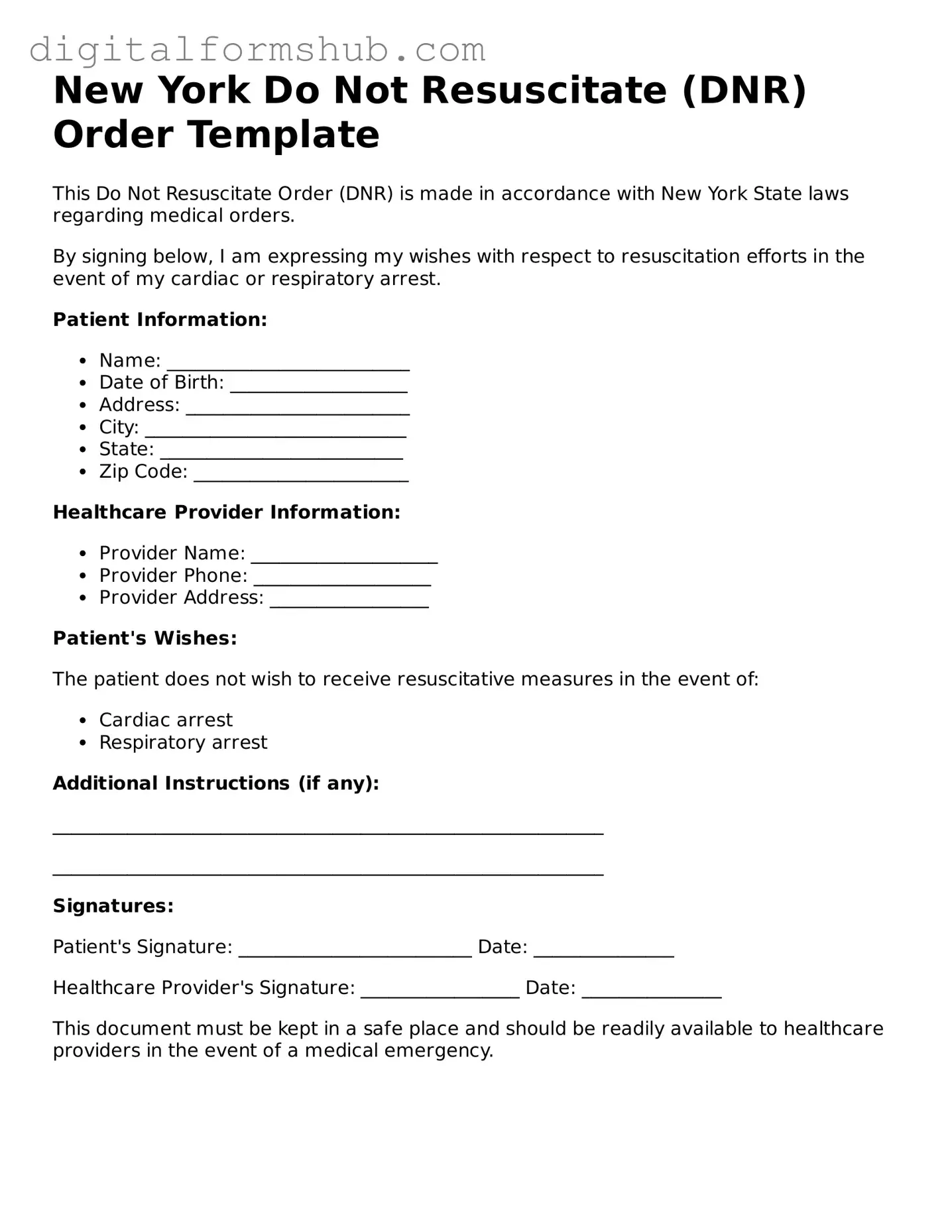 Official Do Not Resuscitate Order Template for the State of New York